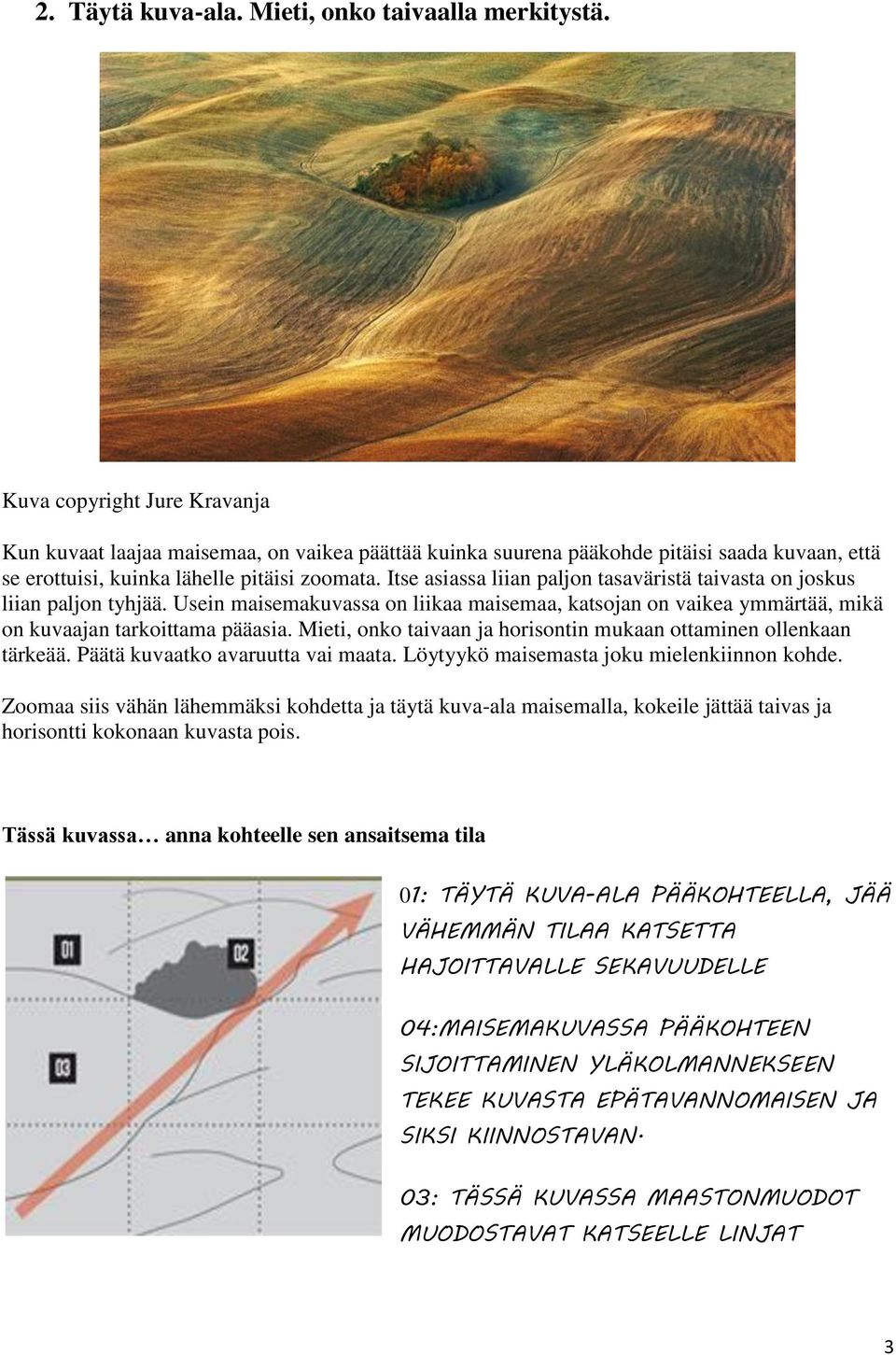 Itse asiassa liian paljon tasaväristä taivasta on joskus liian paljon tyhjää. Usein maisemakuvassa on liikaa maisemaa, katsojan on vaikea ymmärtää, mikä on kuvaajan tarkoittama pääasia.