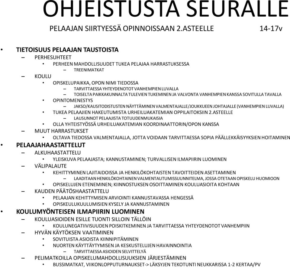 VANHEMPIEN LUVALLA TOISELTA PAIKKAKUNNALTA TULEVIEN TUKEMINEN JA VALVONTA VANHEMPIEN KANSSA SOVITULLA TAVALLA OPINTOMENESTYS JAKSO/KAUSITODISTUSTEN NÄYTTÄMINEN VALMENTAJALLE/JOUKKUEEN JOHTAJALLE