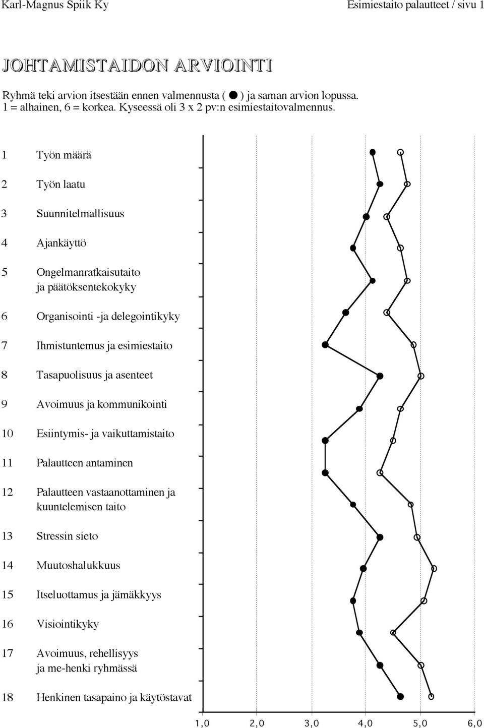 1 Työn määrä 2 Työn laatu 3 Suunnitelmallisuus 4 Ajankäyttö 5 Ongelmanratkaisutaito ja päätöksentekokyky 6 Organisointi -ja delegointikyky 7 Ihmistuntemus ja esimiestaito 8 Tasapuolisuus ja