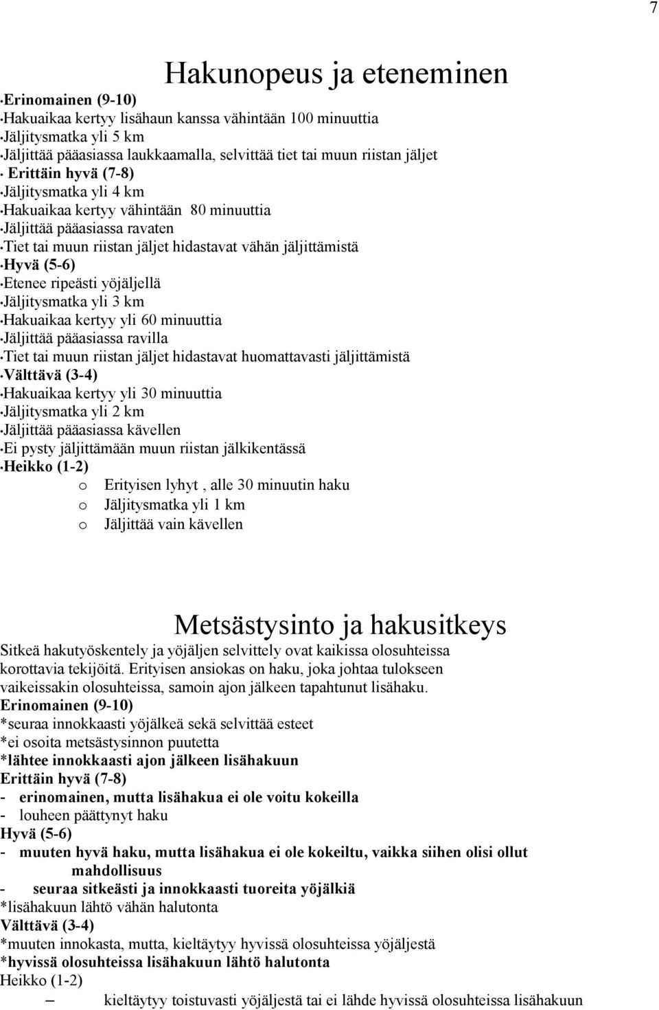 yöjäljellä Jäljitysmatka yli 3 km Hakuaikaa kertyy yli 60 minuuttia Jäljittää pääasiassa ravilla Tiet tai muun riistan jäljet hidastavat huomattavasti jäljittämistä Välttävä (3-4) Hakuaikaa kertyy