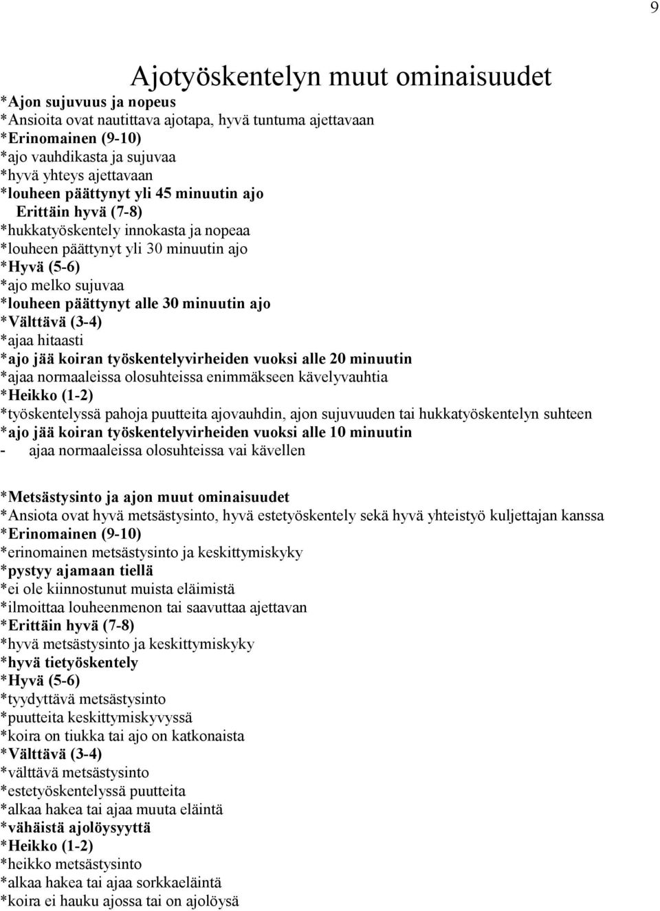 minuutin ajo *Välttävä (3-4) *ajaa hitaasti *ajo jää koiran työskentelyvirheiden vuoksi alle 20 minuutin *ajaa normaaleissa olosuhteissa enimmäkseen kävelyvauhtia *Heikko (1-2) *työskentelyssä pahoja