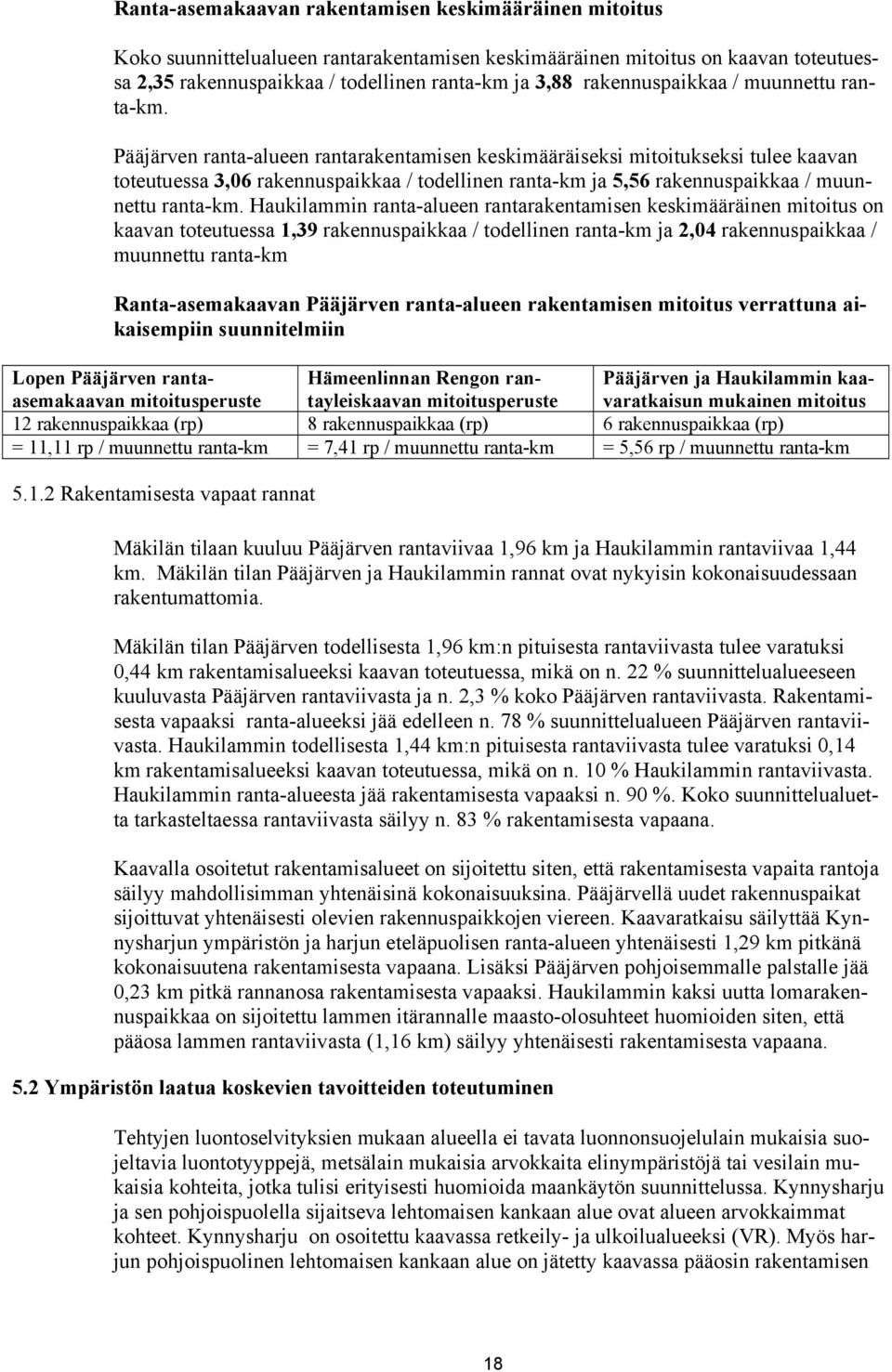 Pääjärven ranta-alueen rantarakentamisen keskimääräiseksi mitoitukseksi tulee kaavan toteutuessa 3,06 rakennuspaikkaa / todellinen ranta-km ja 5,56  Haukilammin ranta-alueen rantarakentamisen