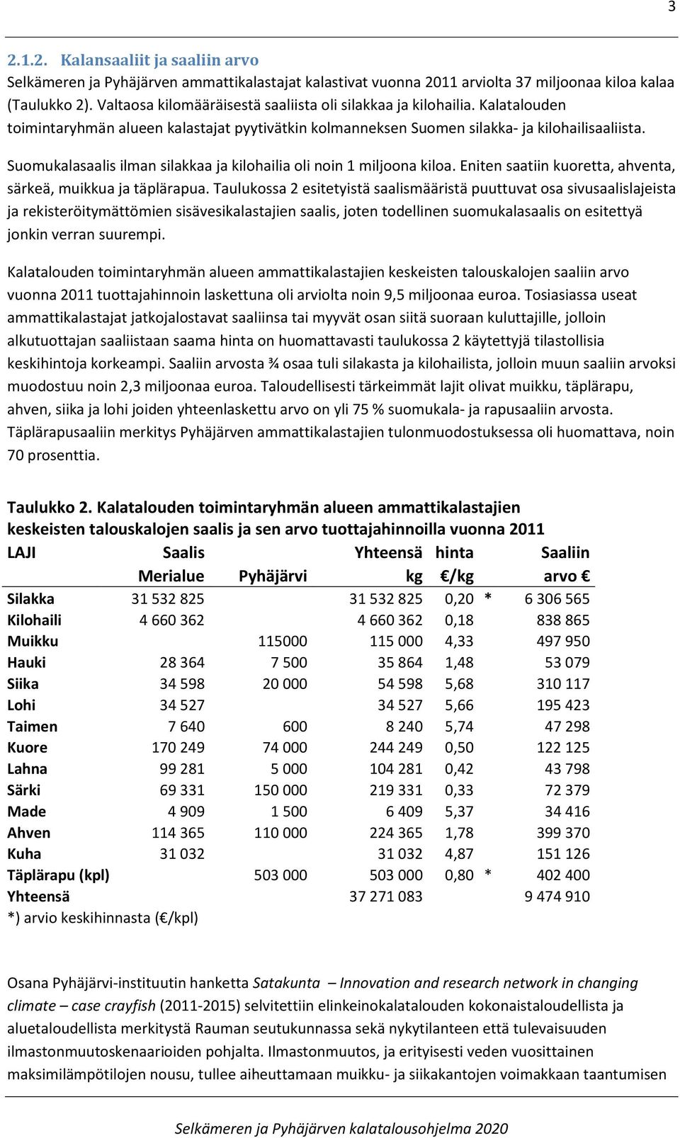 Suomukalasaalis ilman silakkaa ja kilohailia oli noin 1 miljoona kiloa. Eniten saatiin kuoretta, ahventa, särkeä, muikkua ja täplärapua.