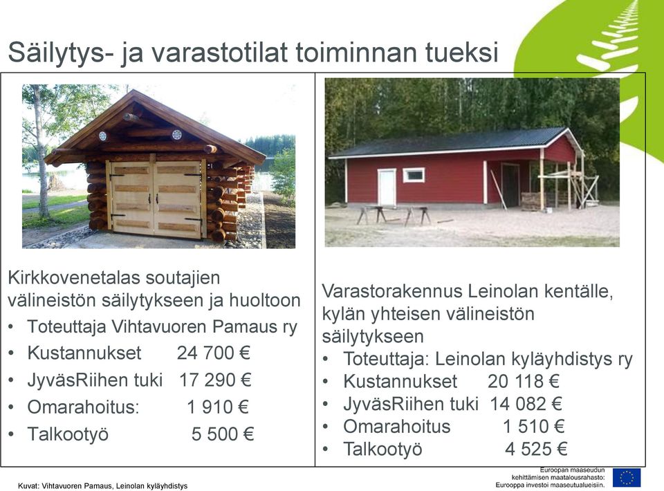 Varastorakennus Leinolan kentälle, kylän yhteisen välineistön säilytykseen Toteuttaja: Leinolan kyläyhdistys ry