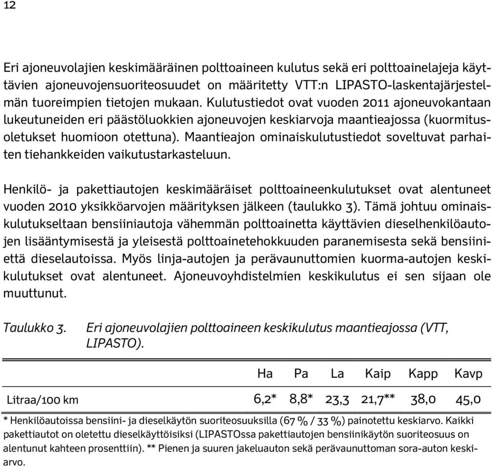 Maantieajon ominaiskulutustiedot soveltuvat parhaiten tiehankkeiden vaikutustarkasteluun.