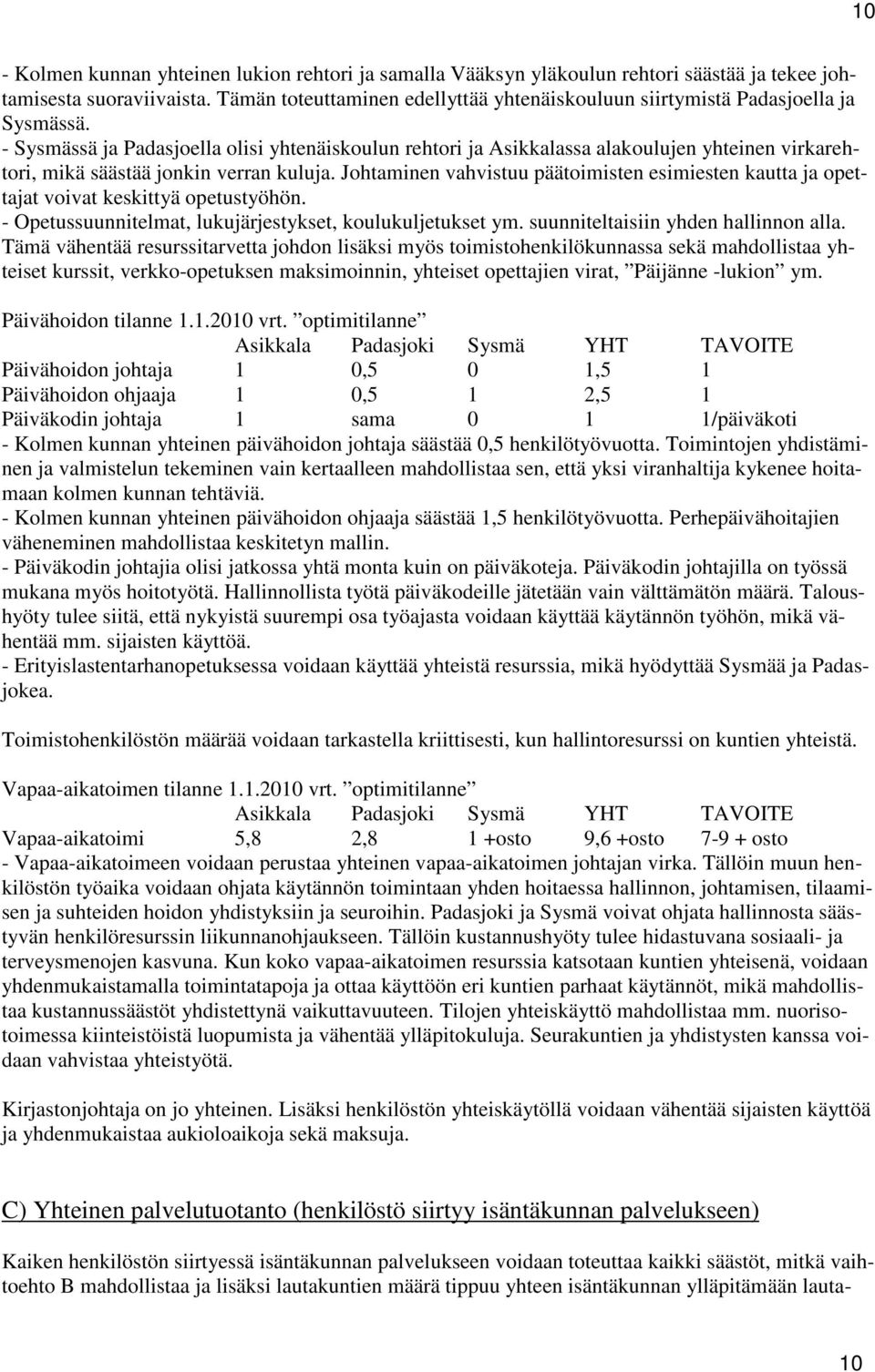 - Sysmässä ja Padasjoella olisi yhtenäiskoulun rehtori ja Asikkalassa alakoulujen yhteinen virkarehtori, mikä säästää jonkin verran kuluja.