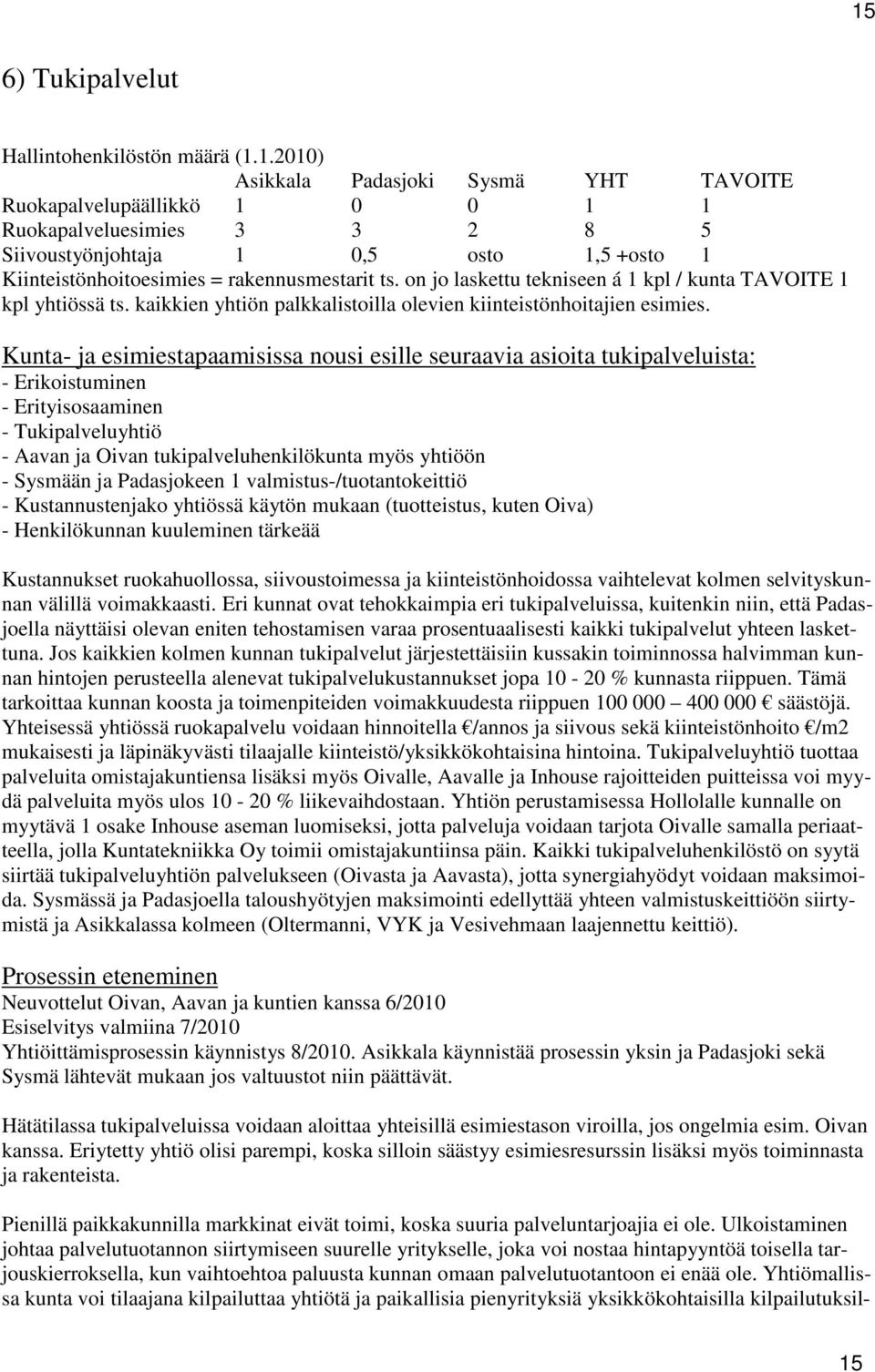 Kunta- ja esimiestapaamisissa nousi esille seuraavia asioita tukipalveluista: - Erikoistuminen - Erityisosaaminen - Tukipalveluyhtiö - Aavan ja Oivan tukipalveluhenkilökunta myös yhtiöön - Sysmään ja