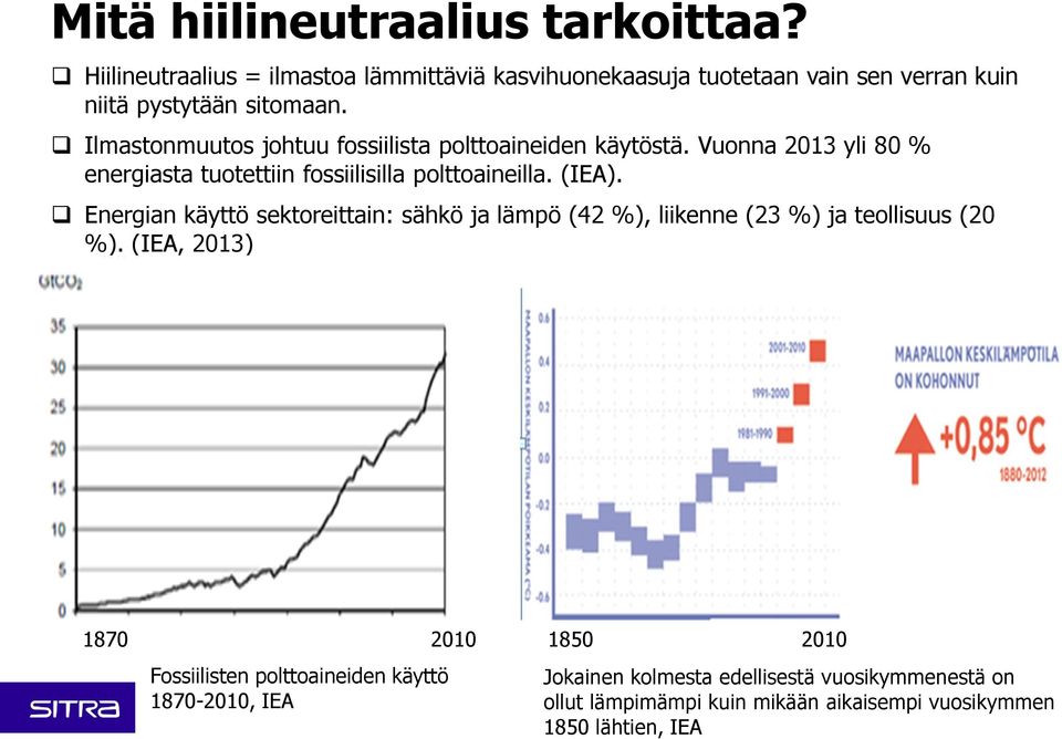 Ilmastonmuutos johtuu fossiilista polttoaineiden käytöstä. Vuonna 2013 yli 80 % energiasta tuotettiin fossiilisilla polttoaineilla. (IEA).