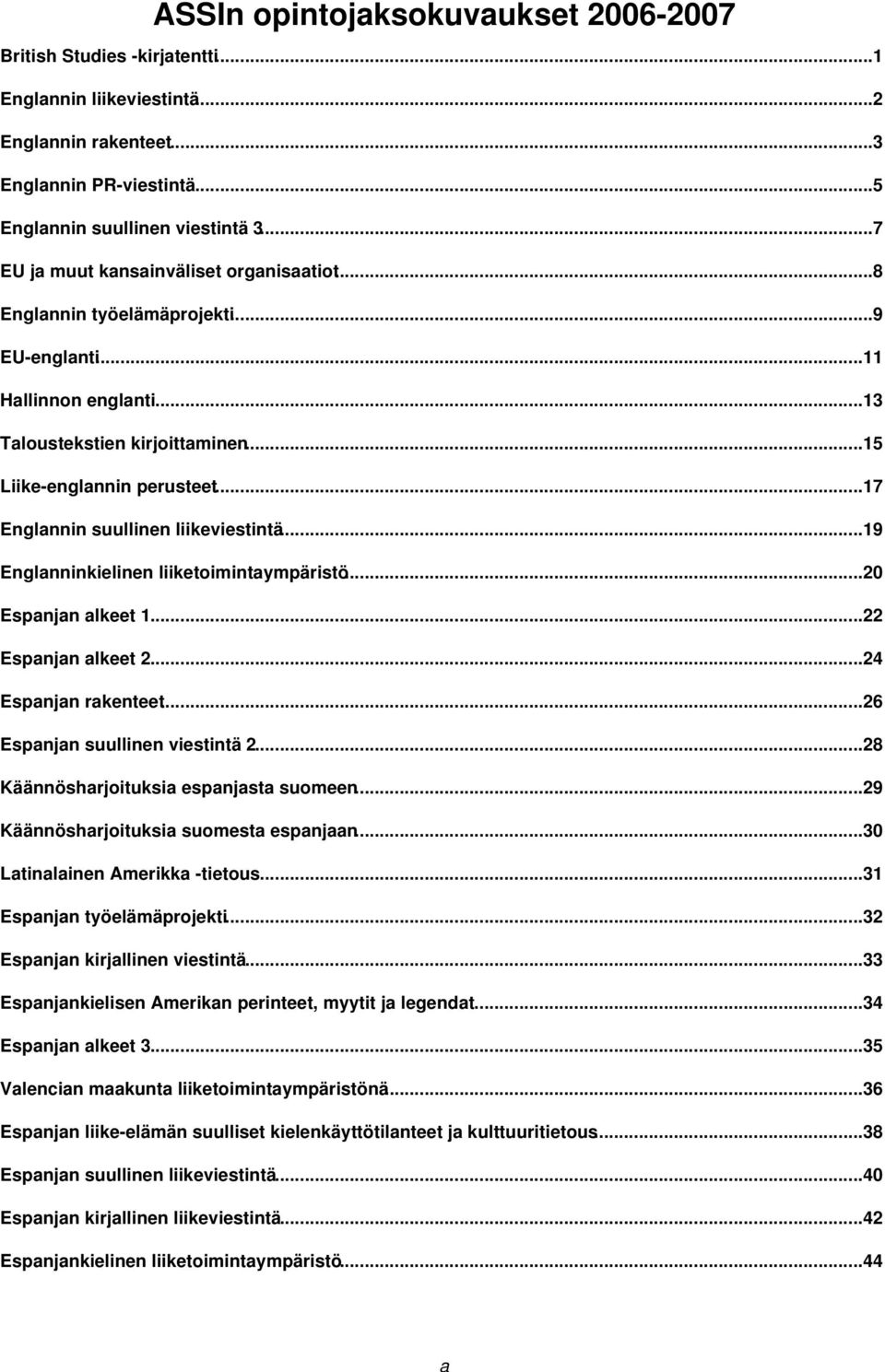 ..17 Englannin suullinen liikeviestintä...19 Englanninkielinen liiketoimintaympäristö...20 Espanjan alkeet 1...22 Espanjan alkeet 2...24 Espanjan rakenteet...26 Espanjan suullinen viestintä 2.