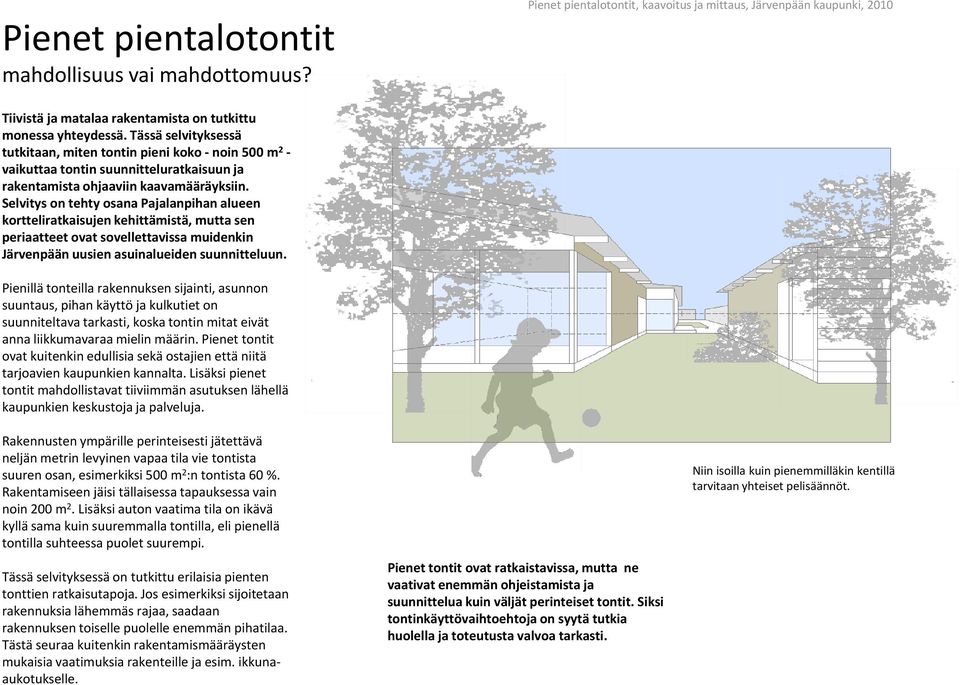 Selvitys on tehty osana Pajalanpihan alueen kortteliratkaisujen kehittämistä, mutta sen periaatteet ovat sovellettavissa muidenkin Järvenpään uusien asuinalueiden suunnitteluun.