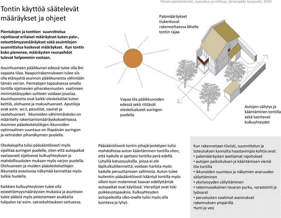 Pienet pientalotontit, kaavoitus ja mittaus, Järvenpään kaupunki, 2010 Palomääräykset tiukentuvat rakennettaessa lähelle tontin rajaa Asuinhuoneen pääikkunan edessä tulee olla 8m vapaata tilaa.