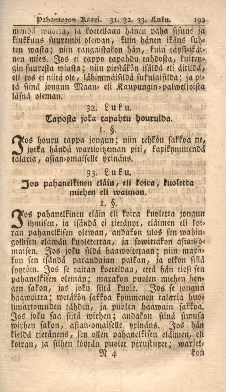 läsnä oleman. 32. Luku. Taposta joka capahtu hourulda. i.. l^os houru tappa jongun; niin cehkön sakkoa ne, jotka hända wartioitzeman piti/ kaxikymmendä talaria, asian-omaiselle yxinäns. 33. Luku. Jos pahanelkinen eläin, eli koira, tuotetta miehen eli rvmmon.