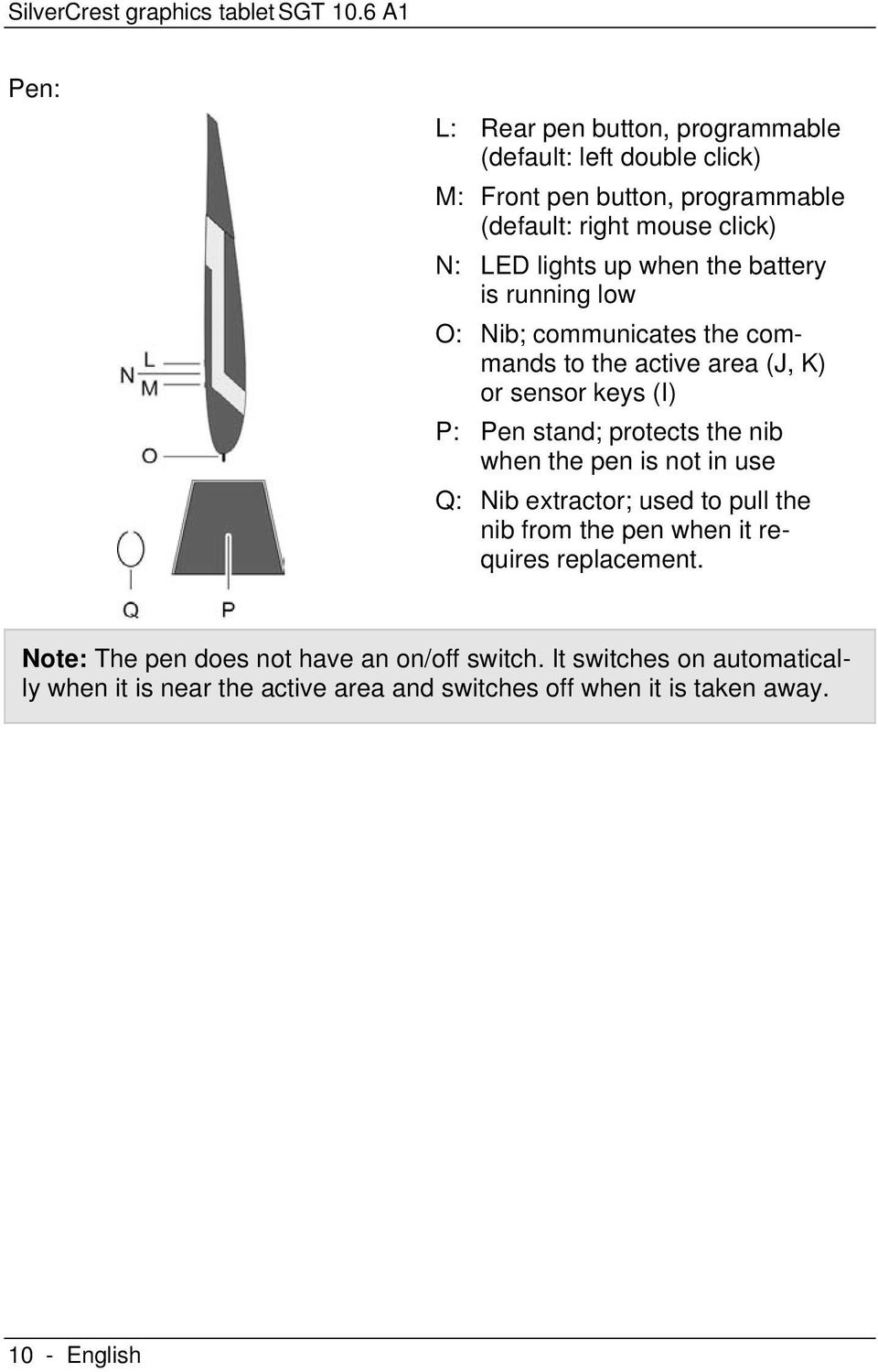 up when the battery is running low O: Nib; communicates the commands to the active area (J, K) or sensor keys (I) P: Pen stand; protects the nib when