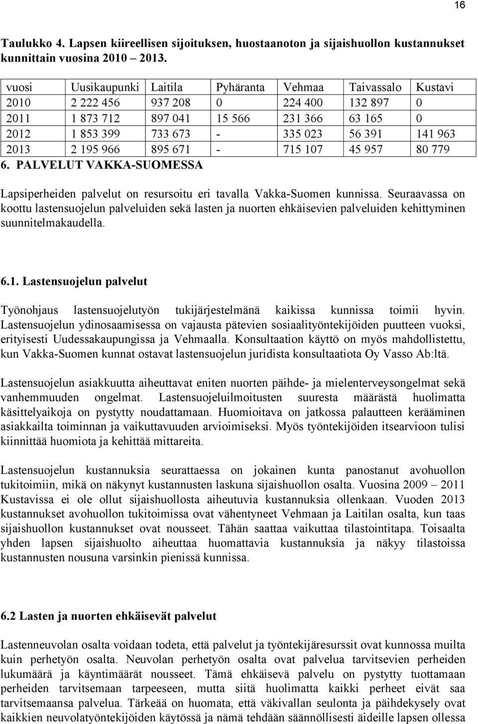 2013 2 195 966 895 671-715 107 45 957 80 779 6. PALVELUT VAKKA-SUOMESSA Lapsiperheiden palvelut on resursoitu eri tavalla Vakka-Suomen kunnissa.