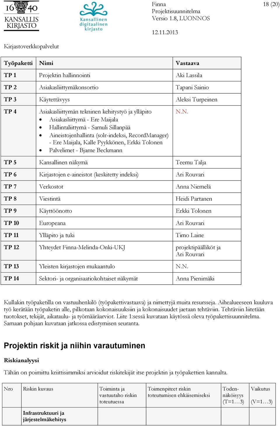 N.N. TP 5 Kansallinen näkymä Teemu Talja TP 6 Kirjastojen e-aineistot (keskitetty indeksi) Ari Rouvari TP 7 Verkostot Anna Niemelä TP 8 Viestintä Heidi Partanen TP 9 Käyttöönotto Erkki Tolonen TP 10