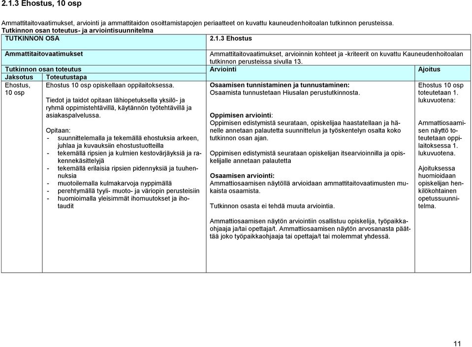 3 Ehostus Ammattitaitovaatimukset Ammattitaitovaatimukset, arvioinnin kohteet ja -kriteerit on kuvattu Kauneudenhoitoalan tutkinnon perusteissa sivulla 13.