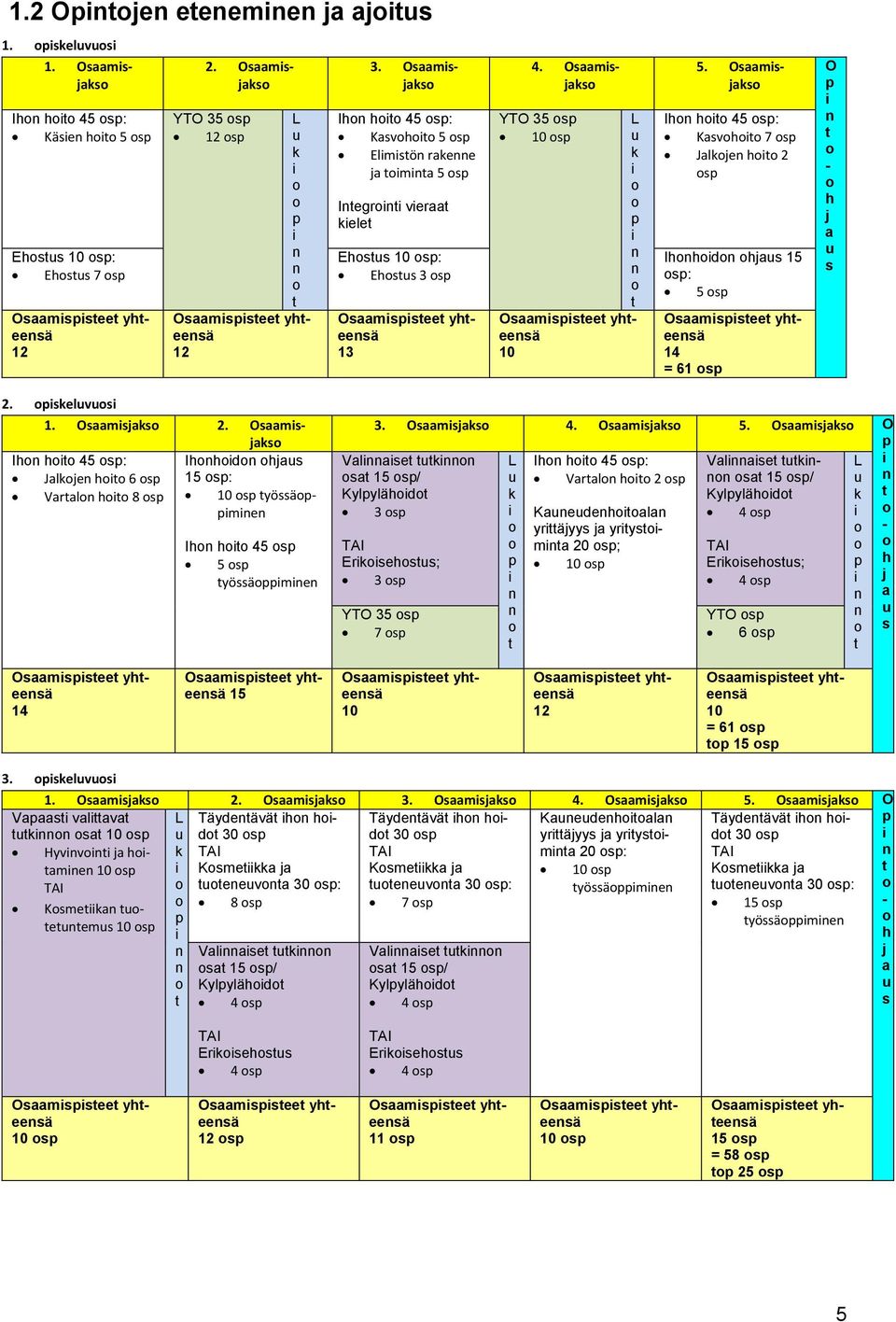 Osaamisjakso Ihon hoito 45 osp: Kasvohoito 5 osp Elimistön rakenne ja toiminta 5 osp Integrointi vieraat kielet Ehostus 10 osp: Ehostus 3 osp Osaamispisteet yhteensä 13 4.