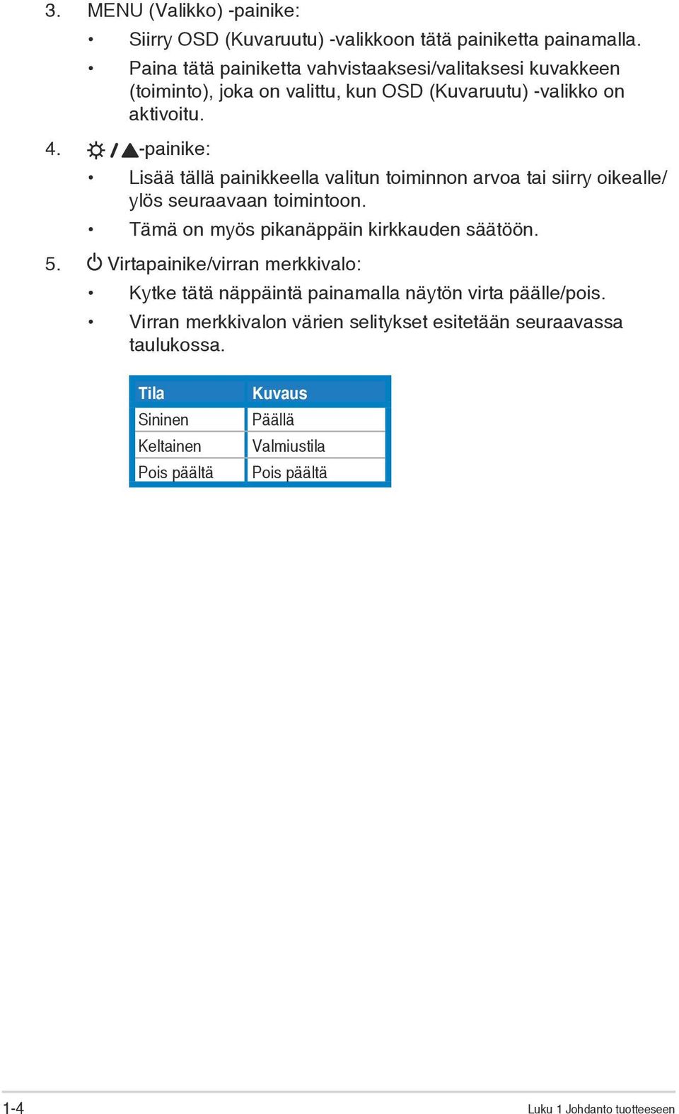 -painike: Lisää tällä painikkeella valitun toiminnon arvoa tai siirry oikealle/ ylös seuraavaan toimintoon. Tämä on myös pikanäppäin kirkkauden säätöön. 5.