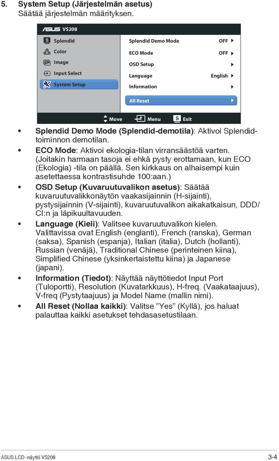 Aktivoi Splendidtoiminnon demotilan. ECO Mode: Aktivoi ekologia-tilan virransäästöä varten. (Joitakin harmaan tasoja ei ehkä pysty erottamaan, kun ECO (Ekologia) -tila on päällä.