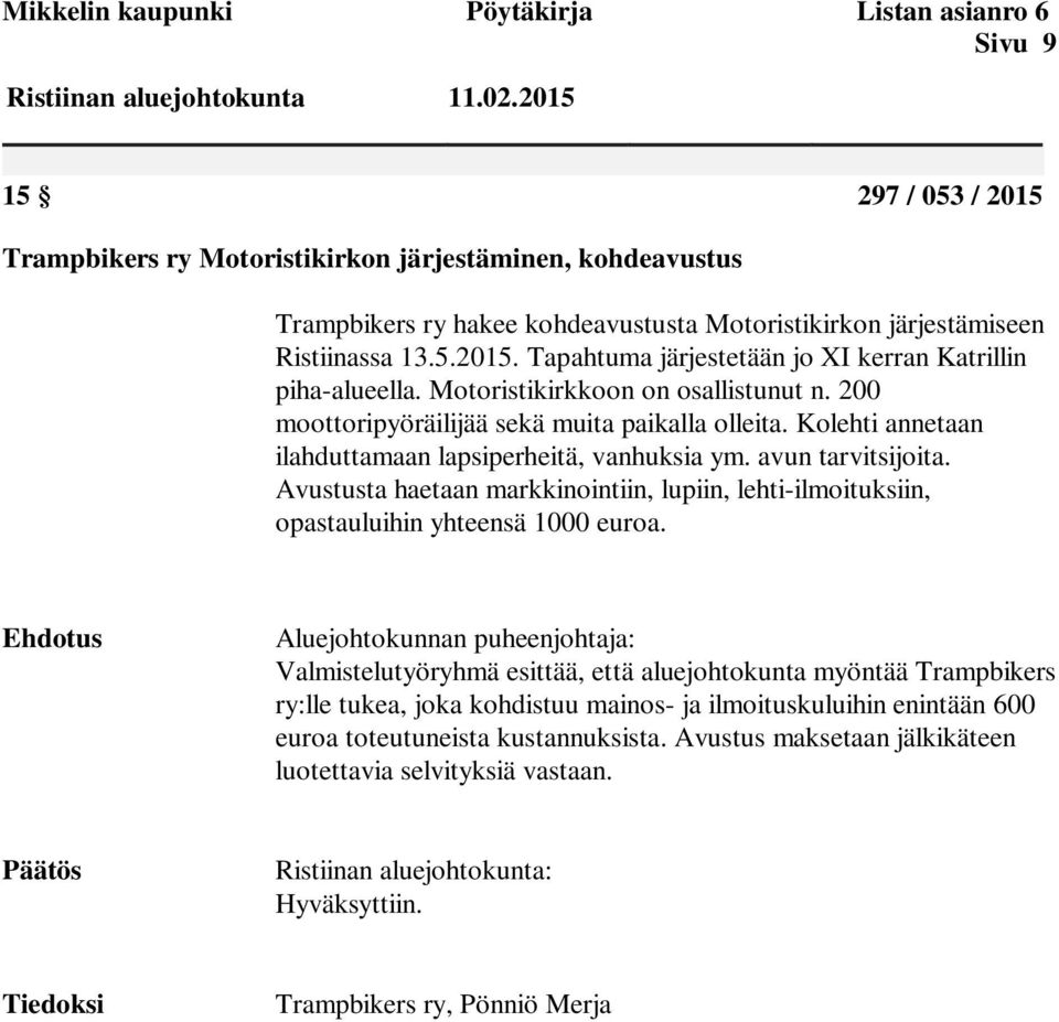 Kolehti annetaan ilahduttamaan lapsiperheitä, vanhuksia ym. avun tarvitsijoita. Avustusta haetaan markkinointiin, lupiin, lehti-ilmoituksiin, opastauluihin yhteensä 1000 euroa.