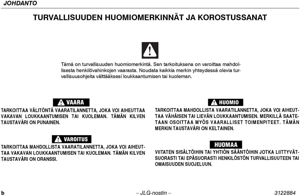 TÄMÄN KILVEN TAUSTAVÄRI ON PUNAINEN. TARKOITTAA MAHDOLLISTA VAARATILANNETTA, JOKA VOI AIHEUT- TAA VÄHÄISEN TAI LIEVÄN LOUKKAANTUMISEN. MERKILLÄ SAATE- TAAN OSOITTAA MYÖS VAARALLISET TOIMENPITEET.