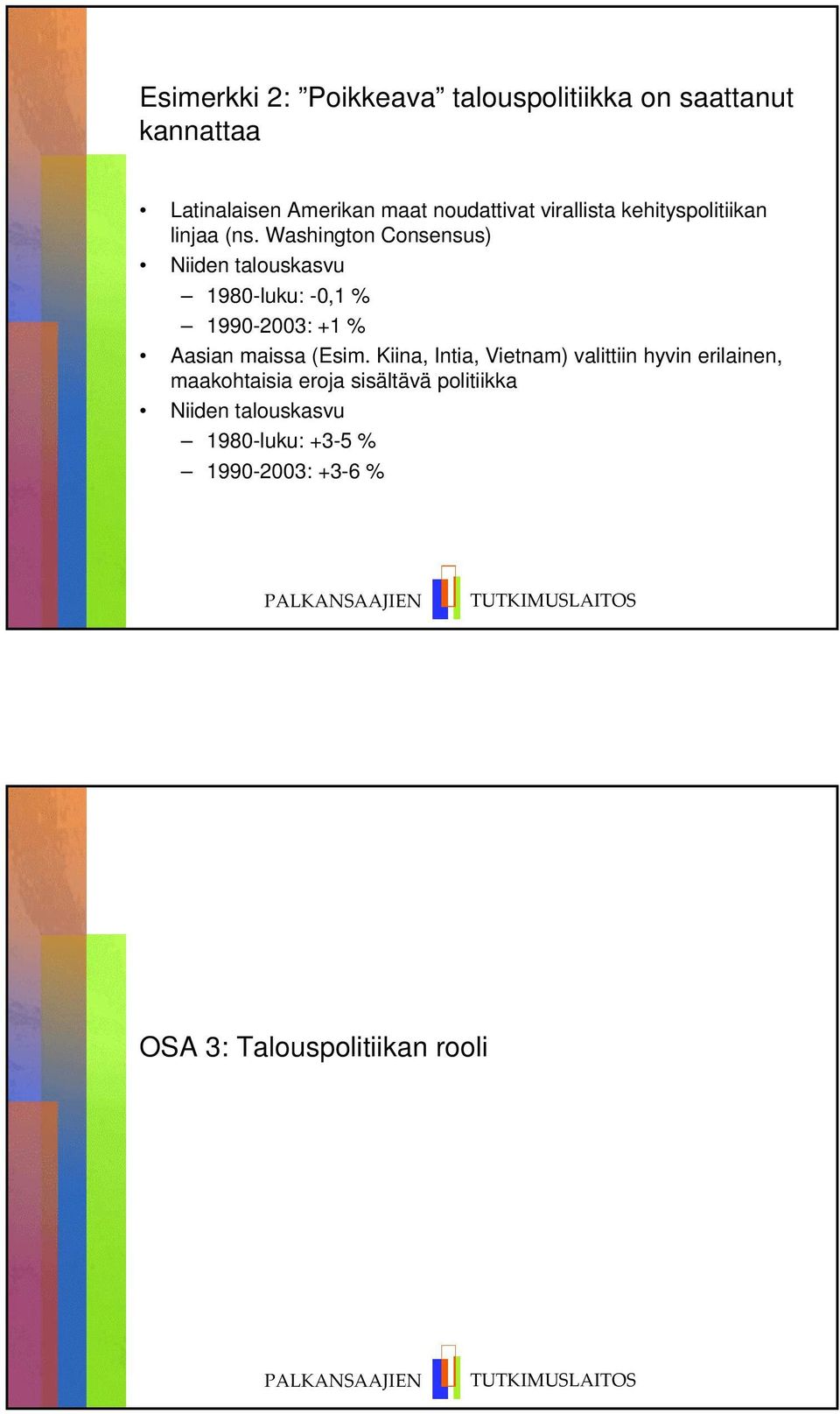 Washington Consensus) Niiden talouskasvu 1980-luku: -0,1 % 1990-2003: +1 % Aasian maissa (Esim.