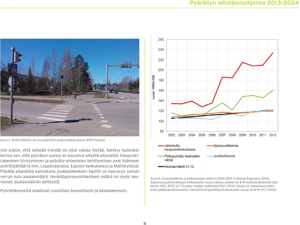 Leppävaarassa, Espoon keskuksessa ja Matinkylässä. Pitkällä aikavälillä katsottuna joukkoliikenteen käyttö on kasvanut saman verran kuin asukasmäärä.