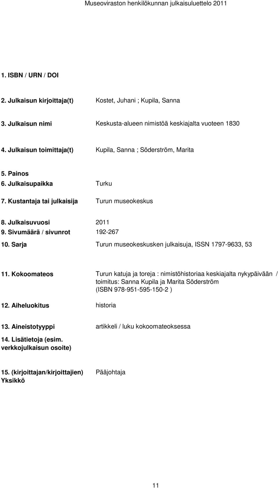 1797-9633, 53 Turun katuja ja toreja : nimistöhistoriaa keskiajalta nykypäivään / toimitus: Sanna