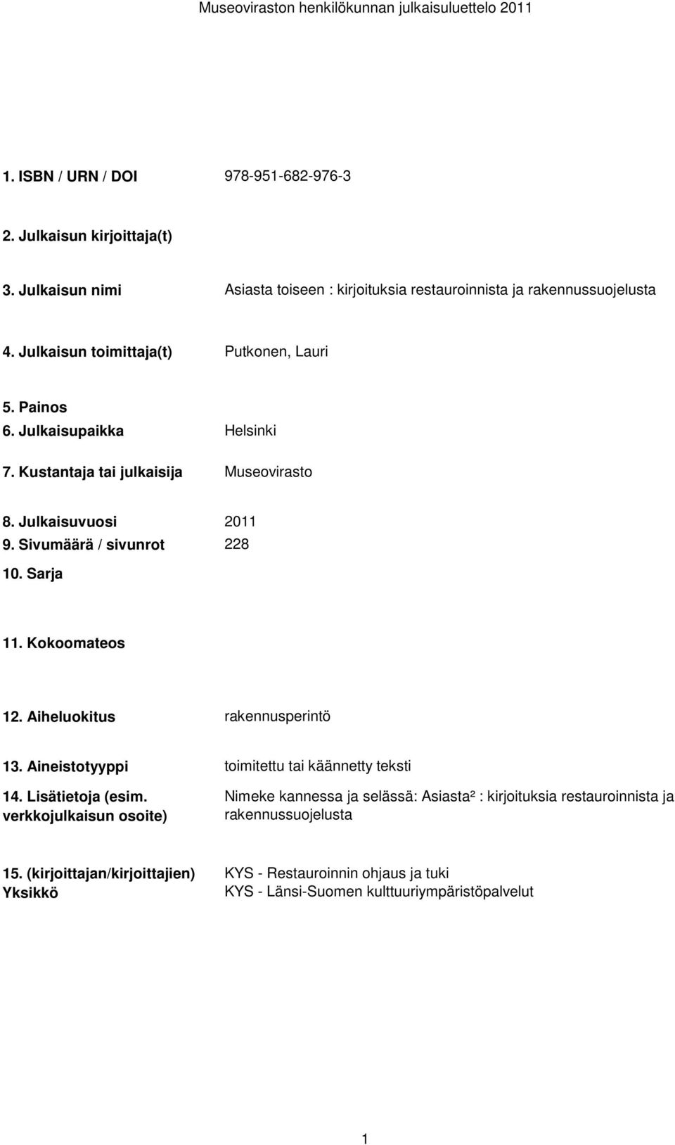 teksti Nimeke kannessa ja selässä: Asiasta² : kirjoituksia restauroinnista ja