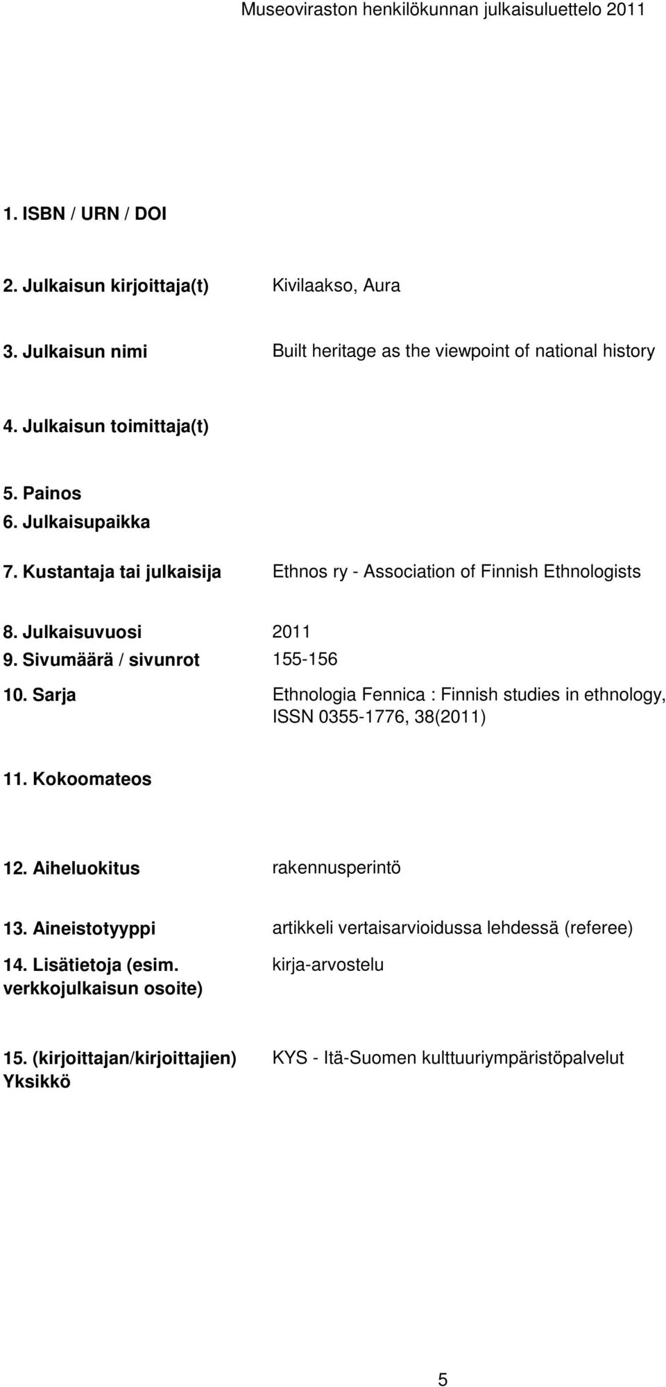 in ethnology, ISSN 0355-1776, 38() rakennusperintö artikkeli vertaisarvioidussa