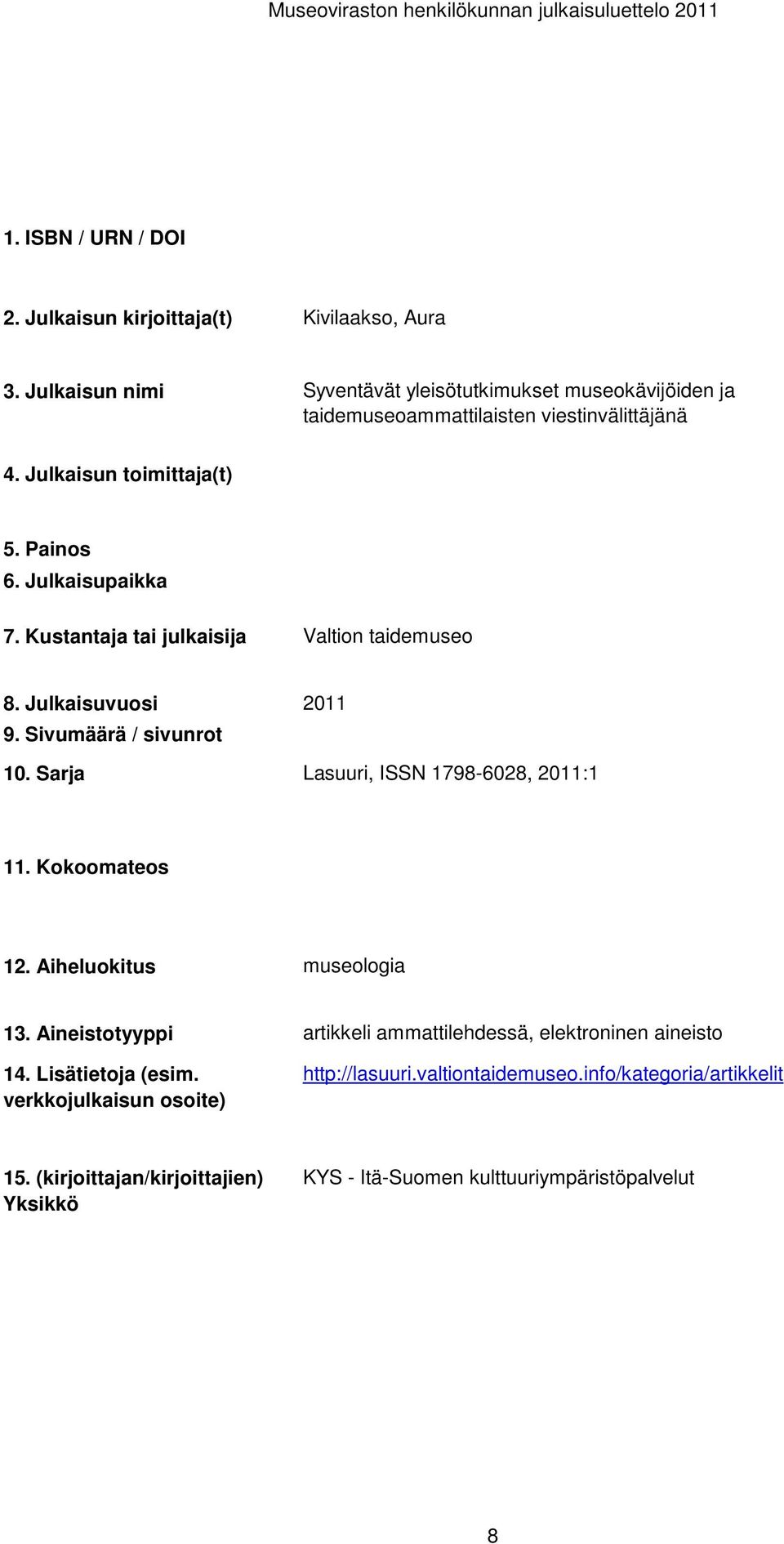 1798-6028, :1 museologia artikkeli ammattilehdessä, elektroninen aineisto