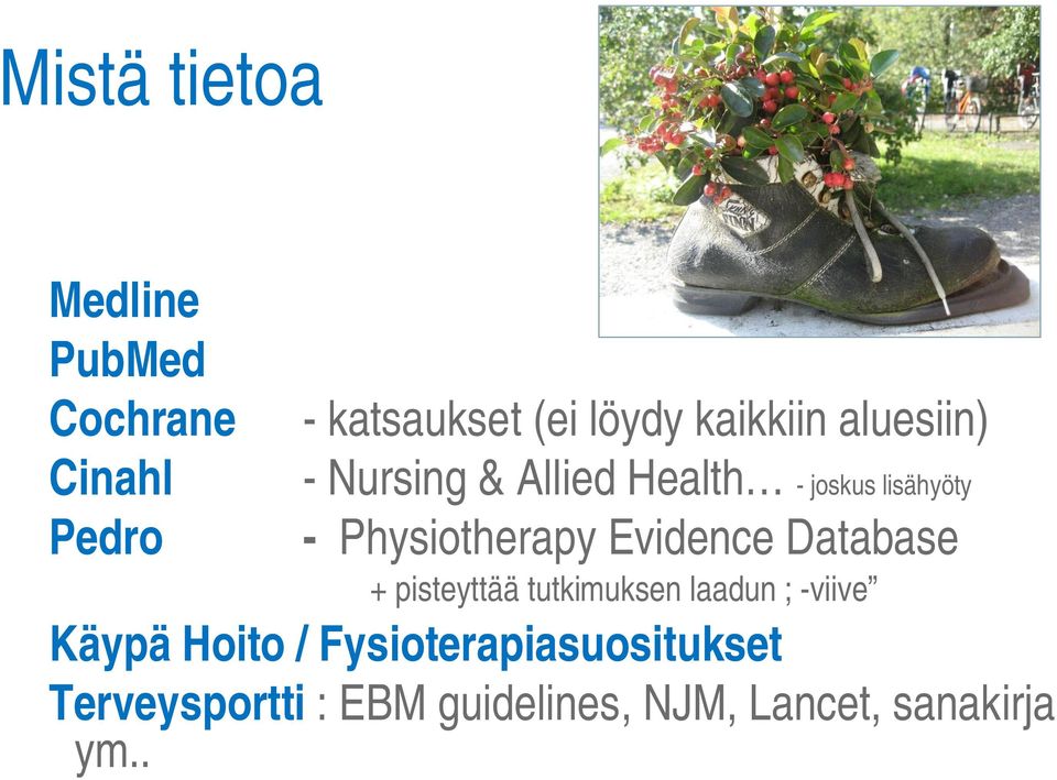 Physiotherapy Evidence Database + pisteyttää tutkimuksen laadun ; -viive