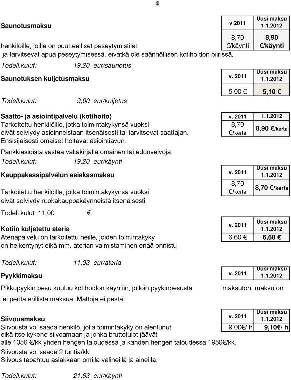 kulut: 9,00 eur/kuljetus 5,00 5,10 Saatto- ja asiointipalvelu (kotihoito) Tarkoitettu henkilöille, jotka toimintakykynsä vuoksi eivät selviydy asioinneistaan itsenäisesti tai tarvitsevat saattajan.