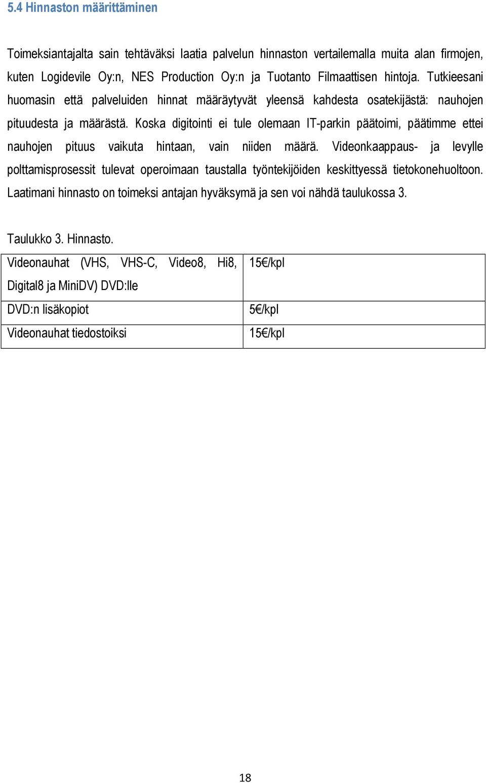 Koska digitointi ei tule olemaan IT-parkin päätoimi, päätimme ettei nauhojen pituus vaikuta hintaan, vain niiden määrä.