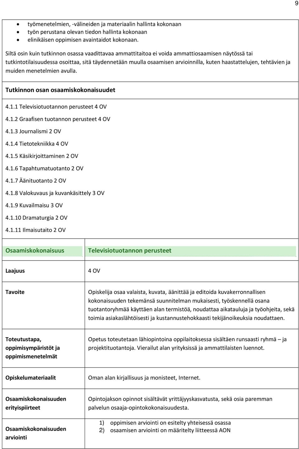 haastattelujen, tehtävien ja muiden menetelmien avulla. Tutkinnon osan osaamiskokonaisuudet 4.1.1 Televisiotuotannon perusteet 4 OV 4.1.2 Graafisen tuotannon perusteet 4 OV 4.1.3 Journalismi 2 OV 4.1.4 Tietotekniikka 4 OV 4.