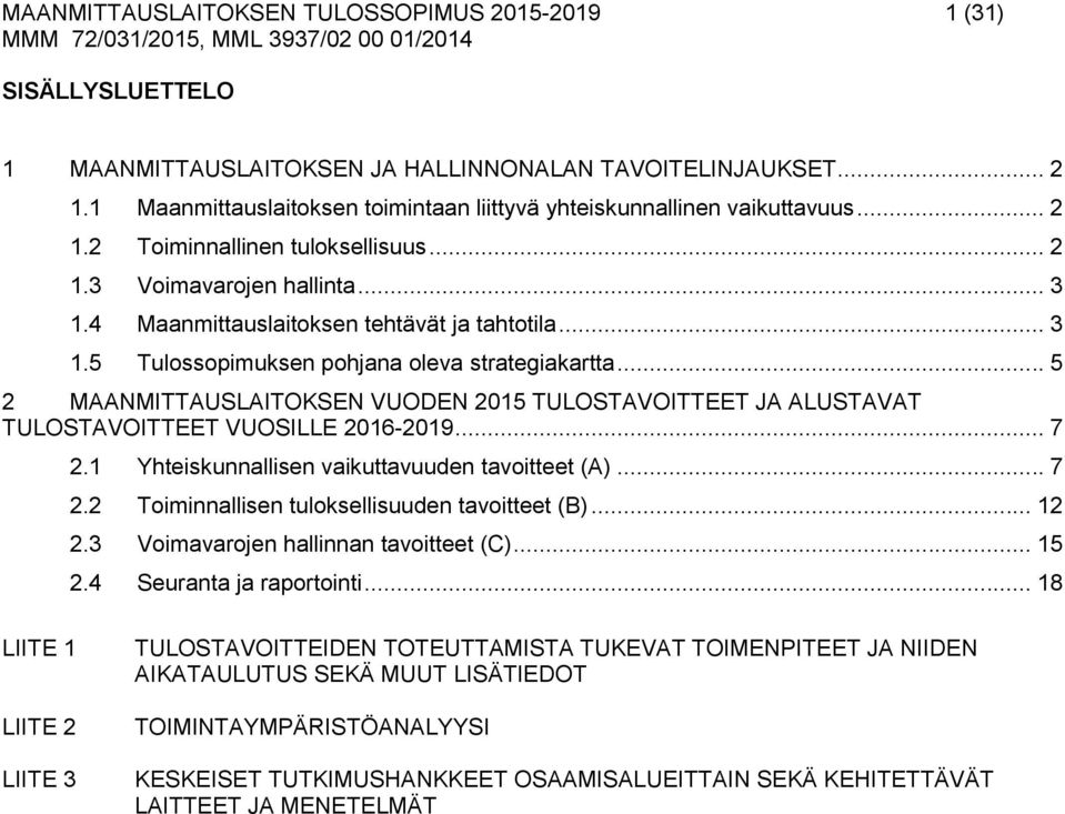 .. 3 1.5 Tulossopimuksen pohjana oleva strategiakartta... 5 2 MAANMITTAUSLAITOKSEN VUODEN 2015 TULOSTAVOITTEET JA ALUSTAVAT TULOSTAVOITTEET VUOSILLE 2016-2019... 7 2.