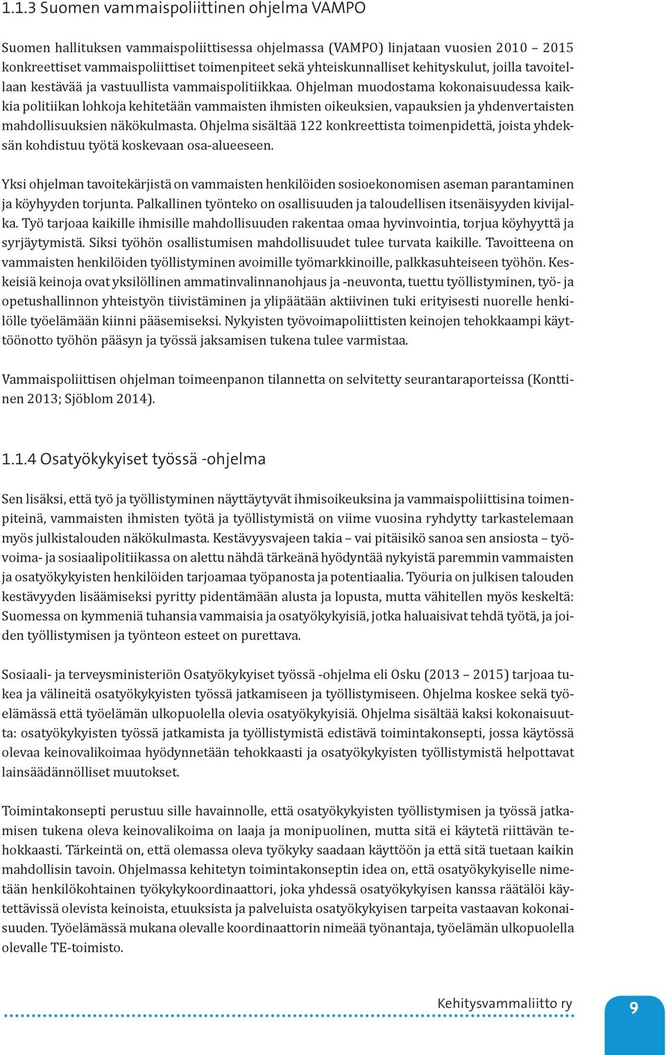 Ohjelman muodostama kokonaisuudessa kaikkia politiikan lohkoja kehitetään vammaisten ihmisten oikeuksien, vapauksien ja yhdenvertaisten mahdollisuuksien näkökulmasta.