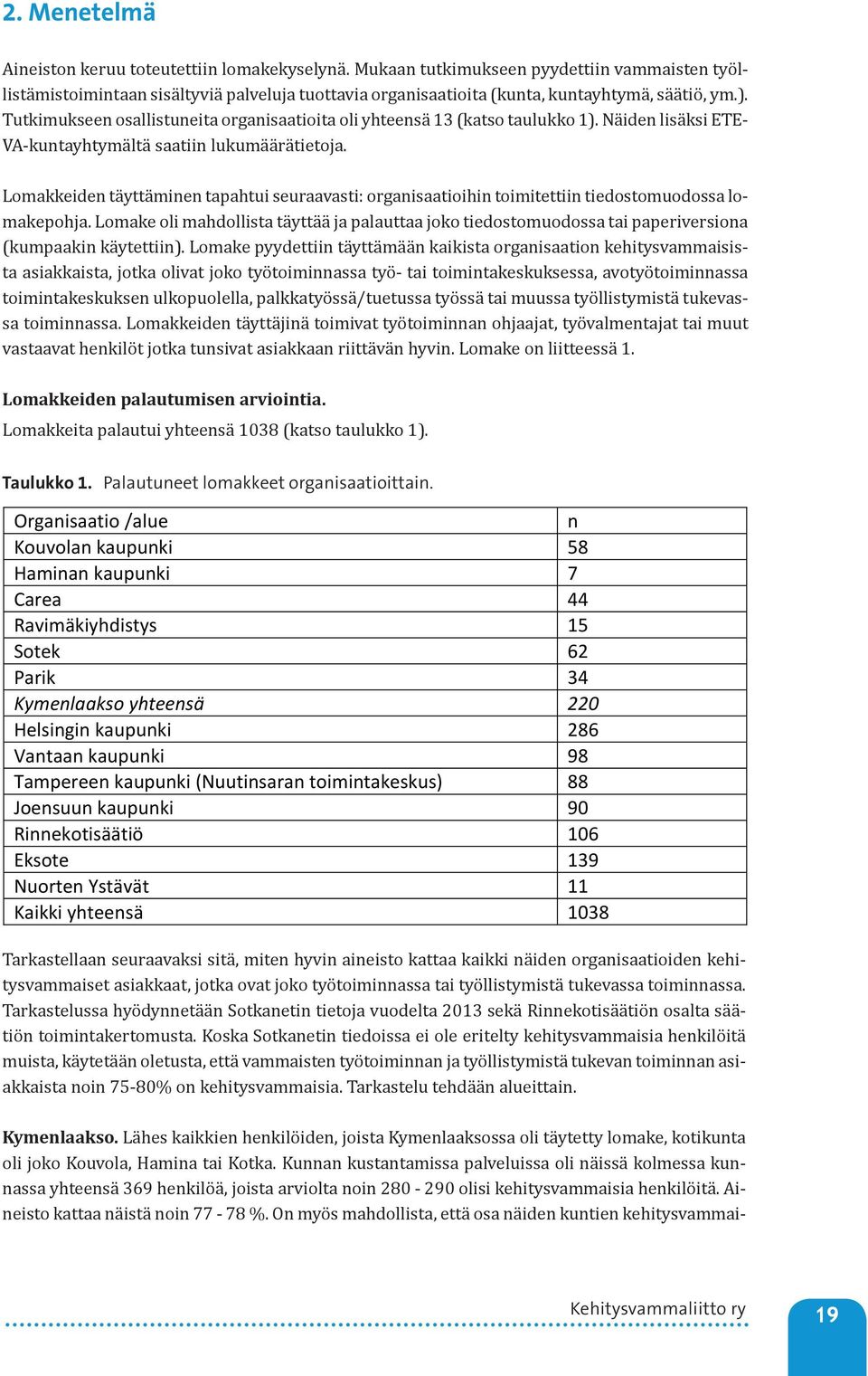 Tutkimukseen osallistuneita organisaatioita oli yhteensä 13 (katso taulukko 1). Näiden lisäksi ETE- VA-kuntayhtymältä saatiin lukumäärätietoja.