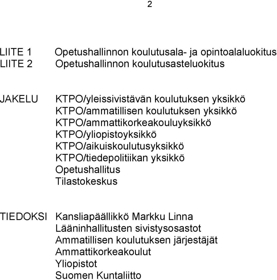 KTPO/yliopistoyksikkö KTPO/aikuiskoulutusyksikkö KTPO/tiedepolitiikan yksikkö Opetushallitus Tilastokeskus TIEDOKSI
