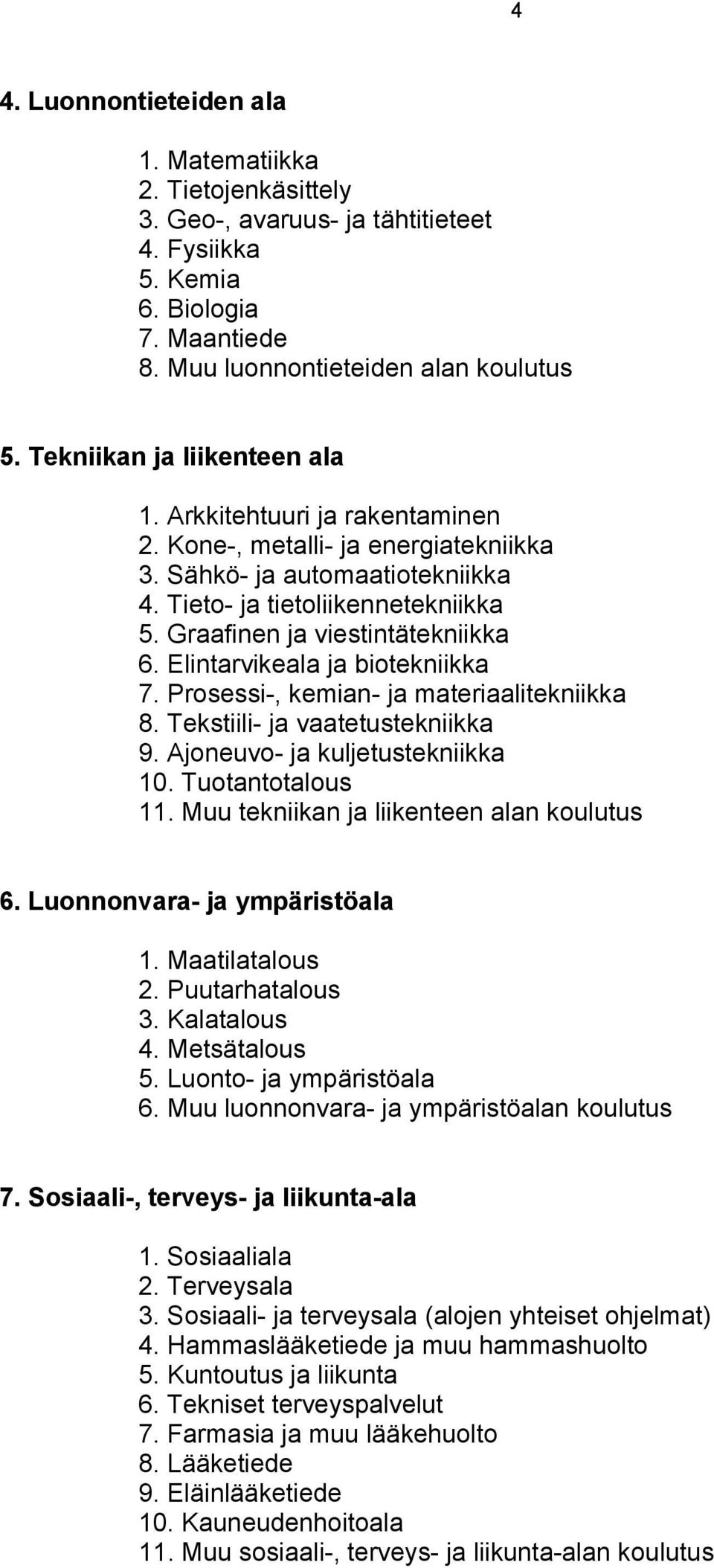Graafinen ja viestintätekniikka 6. Elintarvikeala ja biotekniikka 7. Prosessi-, kemian- ja materiaalitekniikka 8. Tekstiili- ja vaatetustekniikka 9. Ajoneuvo- ja kuljetustekniikka 10.