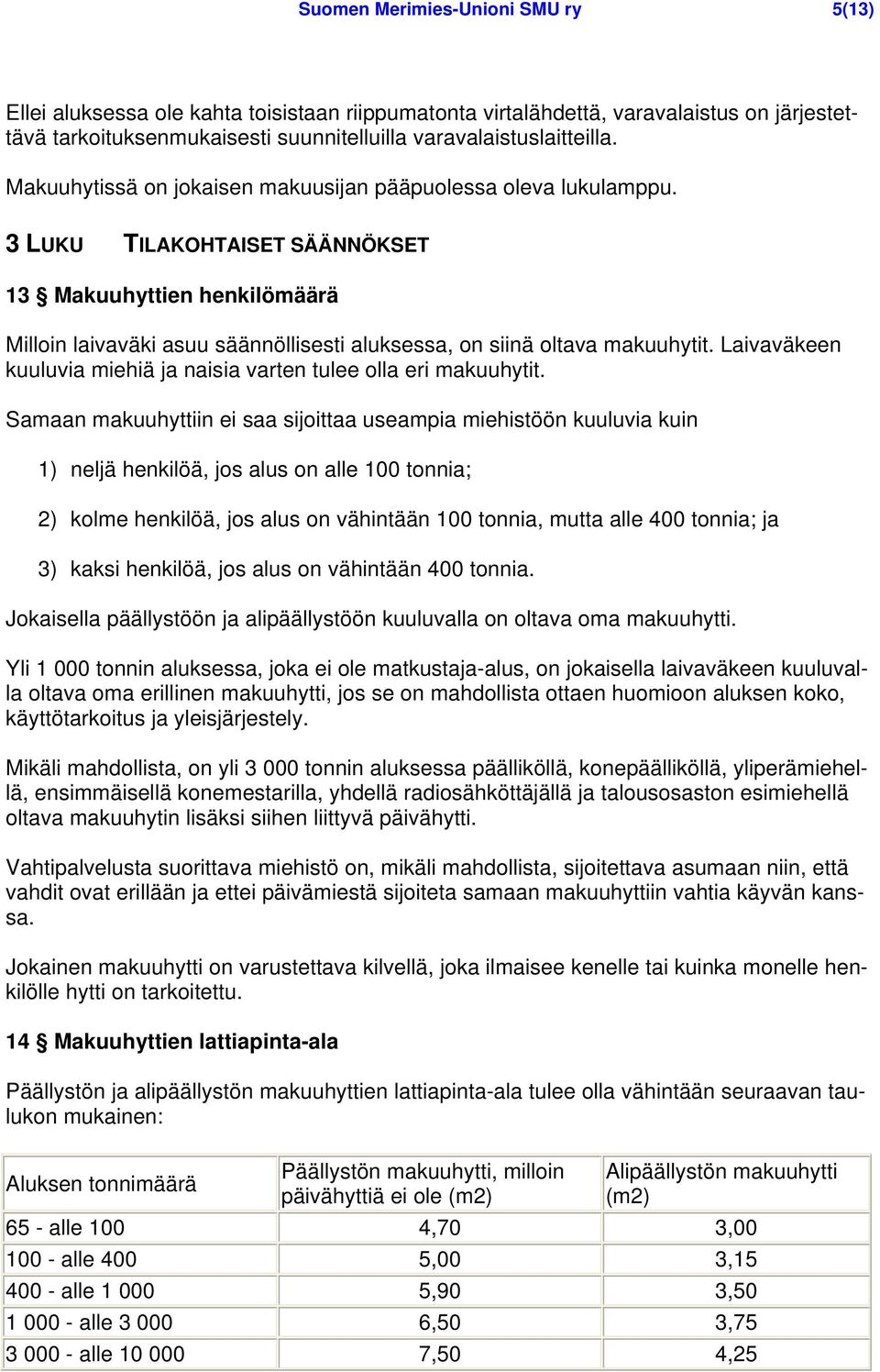 3 LUKU TILAKOHTAISET SÄÄNNÖKSET 13 Makuuhyttien henkilömäärä Milloin laivaväki asuu säännöllisesti aluksessa, on siinä oltava makuuhytit.