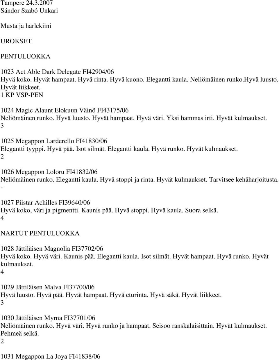 3 1025 Megappon Larderello FI41830/06 Elegantti tyyppi. Hyvä pää. Isot silmät. Elegantti kaula. Hyvä runko. 2 1026 Megappon Loloru FI41832/06 Neliömäinen runko. Elegantti kaula. Hyvä stoppi ja rinta.