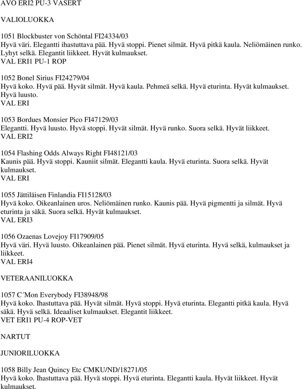 VAL ERI 1053 Bordues Monsier Pico FI47129/03 Elegantti. Hyvä luusto. Hyvä stoppi. Hyvät silmät. Hyvä runko. Suora selkä. Hyvät liikkeet. VAL ERI2 1054 Flashing Odds Always Right FI48121/03 Kaunis pää.