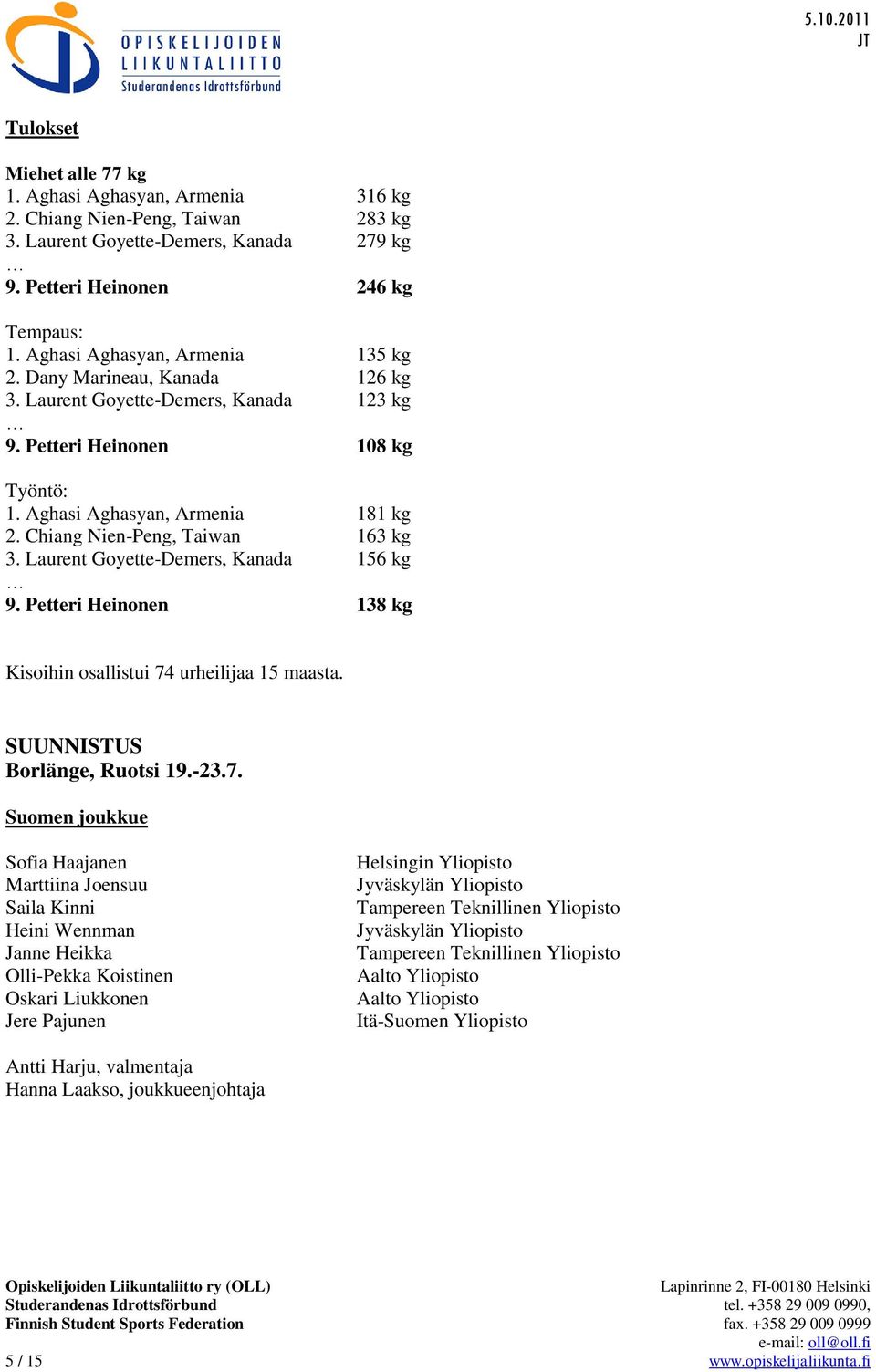 Chiang Nien-Peng, Taiwan 163 kg 3. Laurent Goyette-Demers, Kanada 156 kg 9. Petteri Heinonen 138 kg Kisoihin osallistui 74