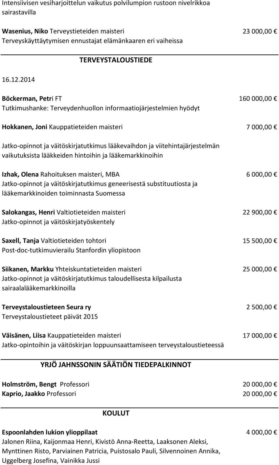 2014 TERVEYSTALOUSTIEDE Böckerman, Petri FT 160 000,00 Tutkimushanke: Terveydenhuollon informaatiojärjestelmien hyödyt Hokkanen, Joni Kauppatieteiden maisteri 7 000,00 Jatko-opinnot ja