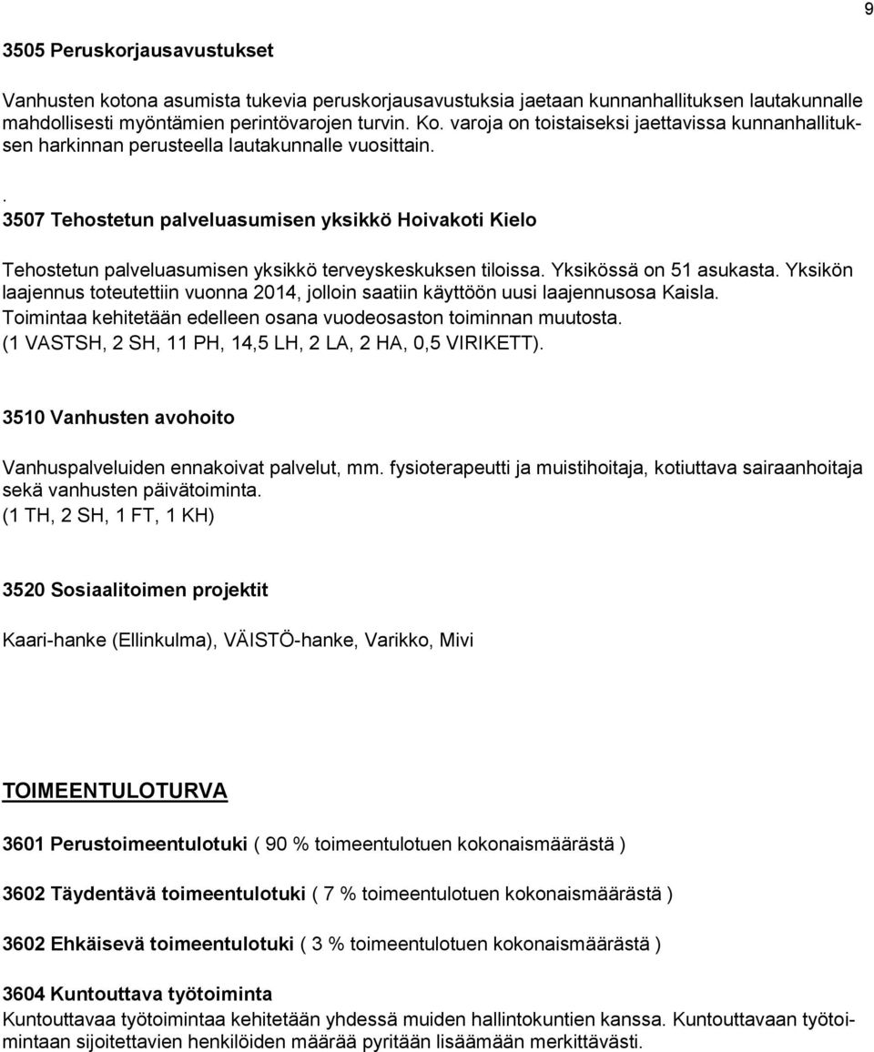 . 3507 Tehostetun palveluasumisen yksikkö Hoivakoti Kielo Tehostetun palveluasumisen yksikkö terveyskeskuksen tiloissa. Yksikössä on 51 asukasta.