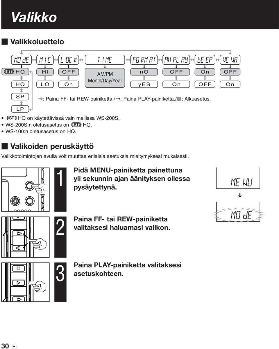 Valikoiden peruskäyttö Valikkotoimintojen avulla voit muuttaa erilaisia asetuksia mieltymyksesi mukaisesti.