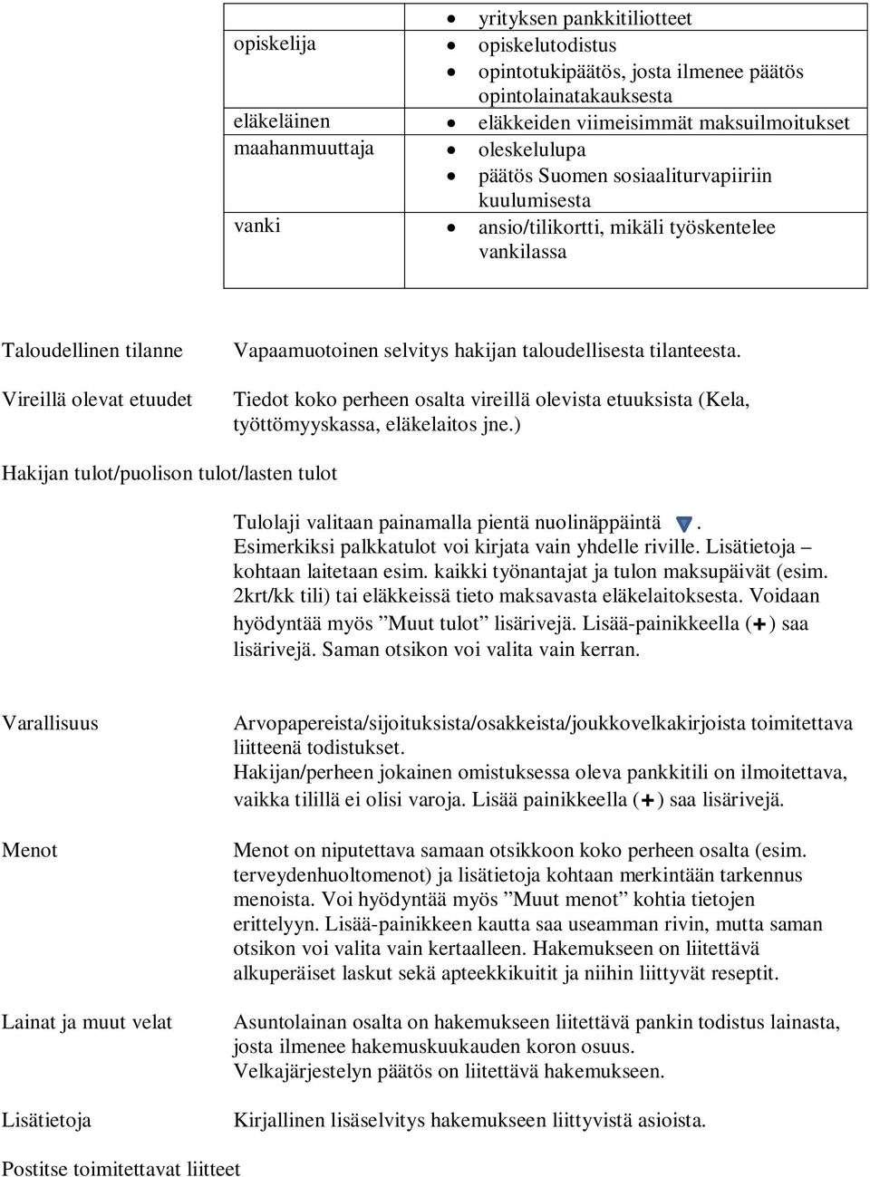 taloudellisesta tilanteesta. Tiedot koko perheen osalta vireillä olevista etuuksista (Kela, työttömyyskassa, eläkelaitos jne.