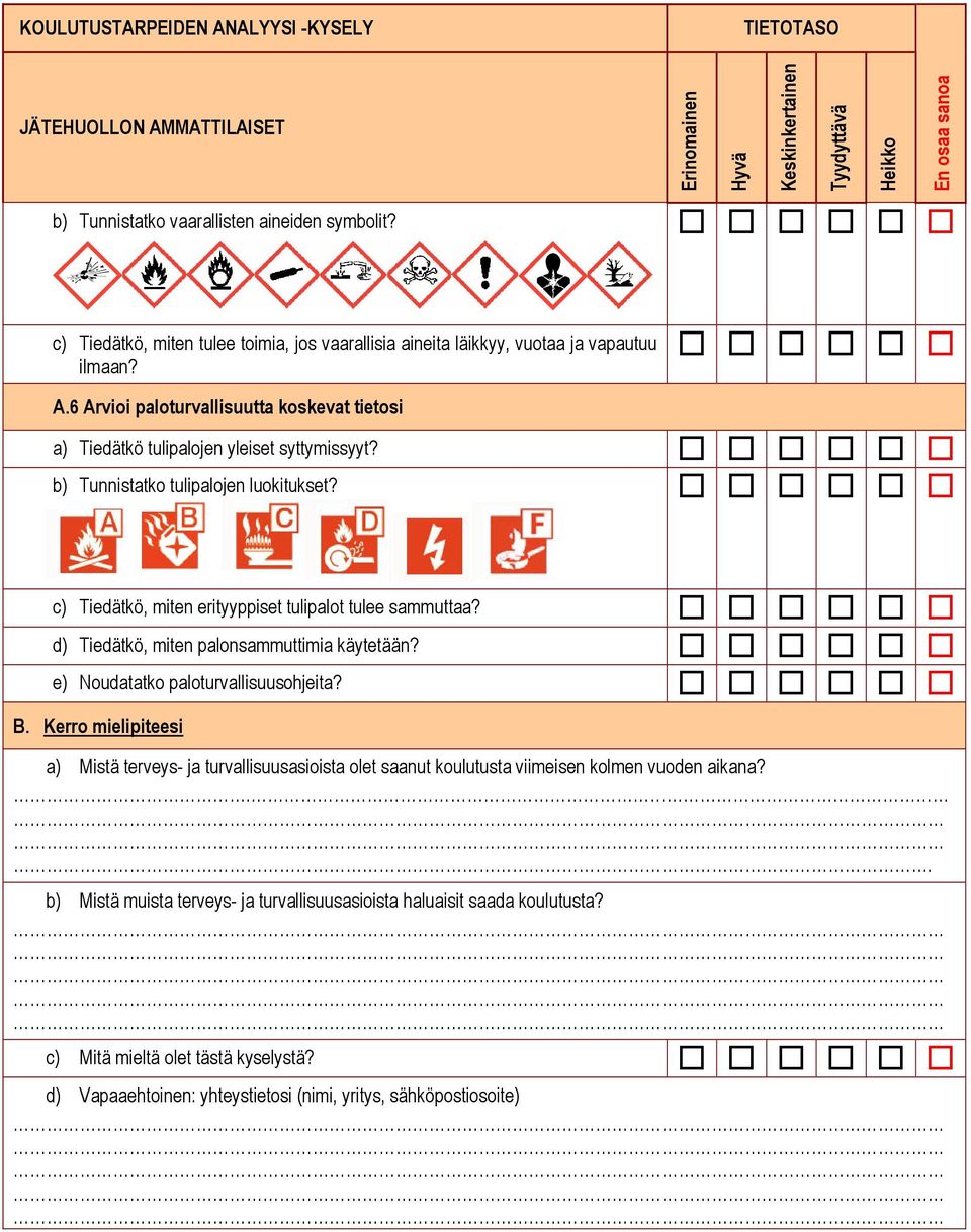 c) Tiedätkö, miten erityyppiset tulipalot tulee sammuttaa? d) Tiedätkö, miten palonsammuttimia käytetään? e) Noudatatko paloturvallisuusohjeita? B.