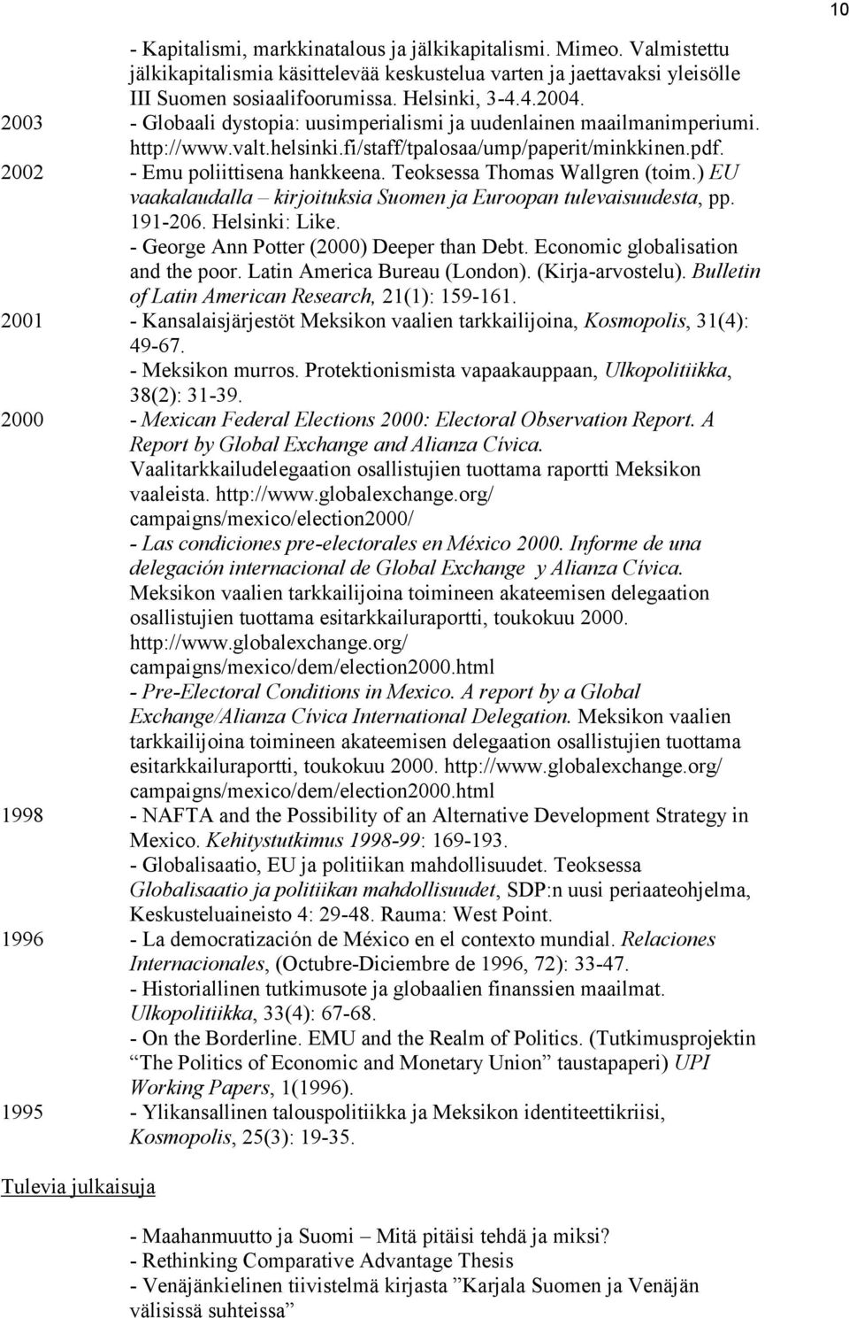 Teoksessa Thomas Wallgren (toim.) EU vaakalaudalla kirjoituksia Suomen ja Euroopan tulevaisuudesta, pp. 191-206. Helsinki: Like. - George Ann Potter (2000) Deeper than Debt.